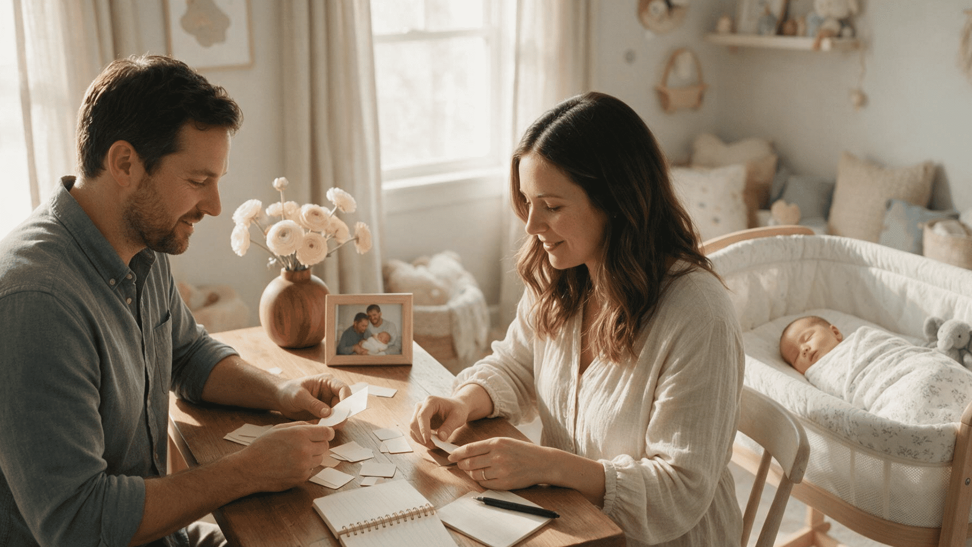 parents narrowing down baby name choices at a table while their newborn rests nearby