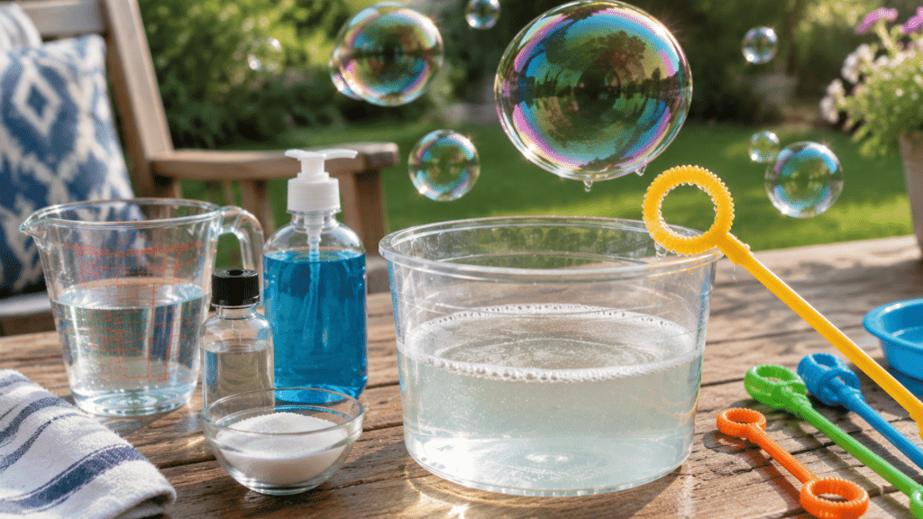realistic homemade bubble solution with bubble wands and floating bubbles on an outdoor table in sunlight (1)