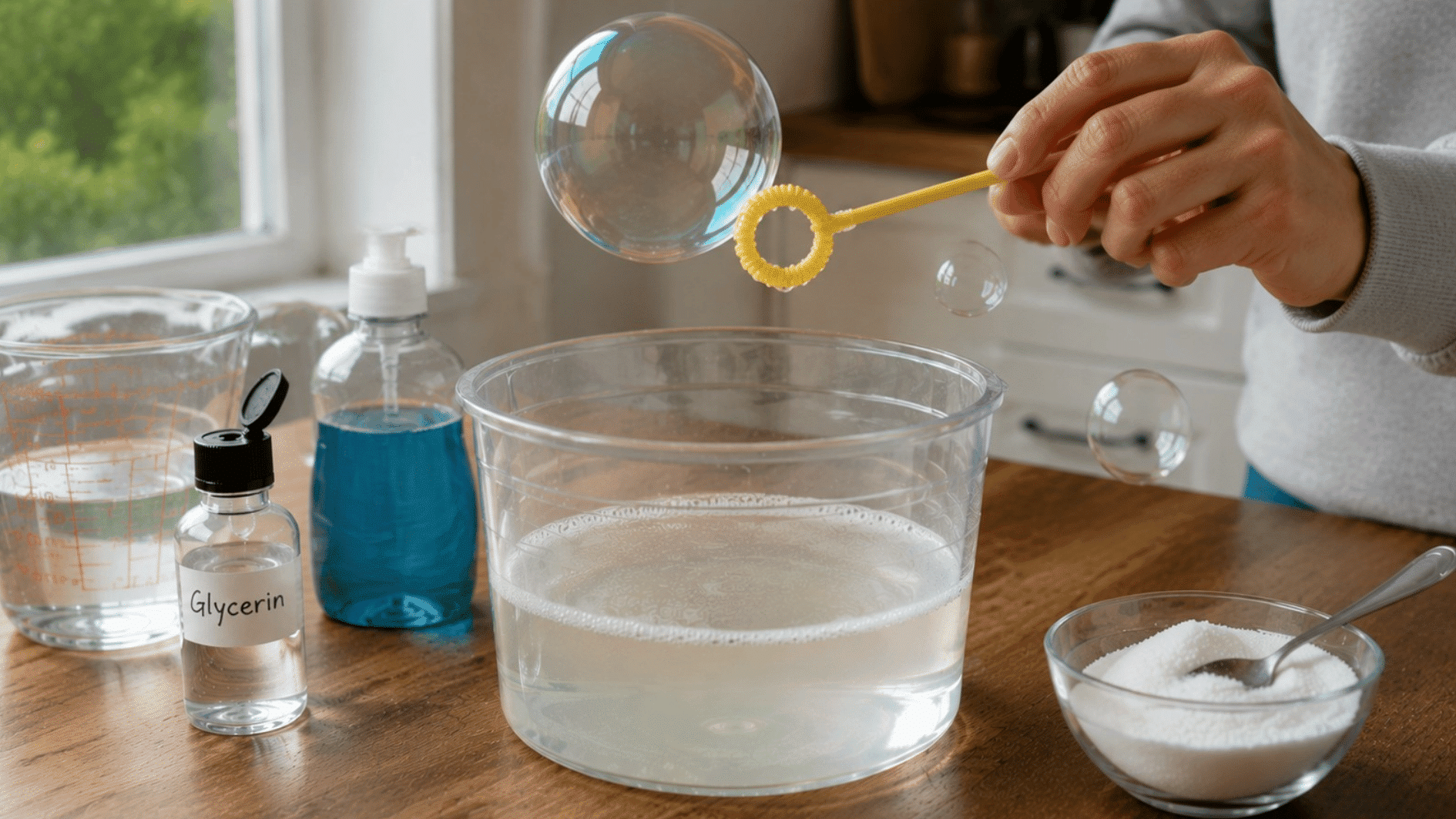 testing homemade bubble solution with a wand to create large bubbles