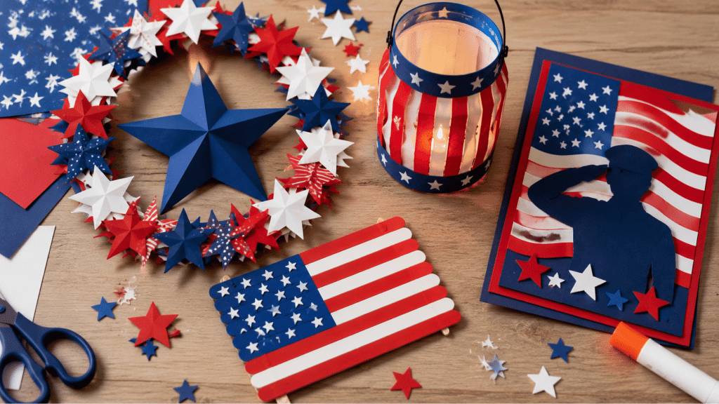 veterans day craft workspace with patriotic paper wreath popsicle stick flag lantern and handmade thank you card on wooden table
