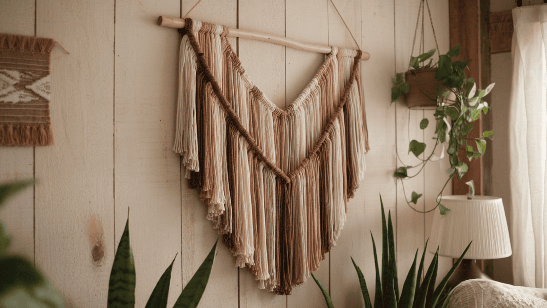 a boho macrame wall hanging in cream and brown tones on a wooden dowel in a cozy white room