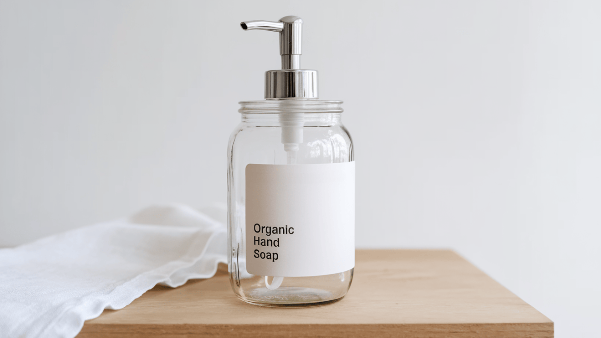 a clear glass mason jar with a silver pump lid labeled organic hand soap on a light wood surface