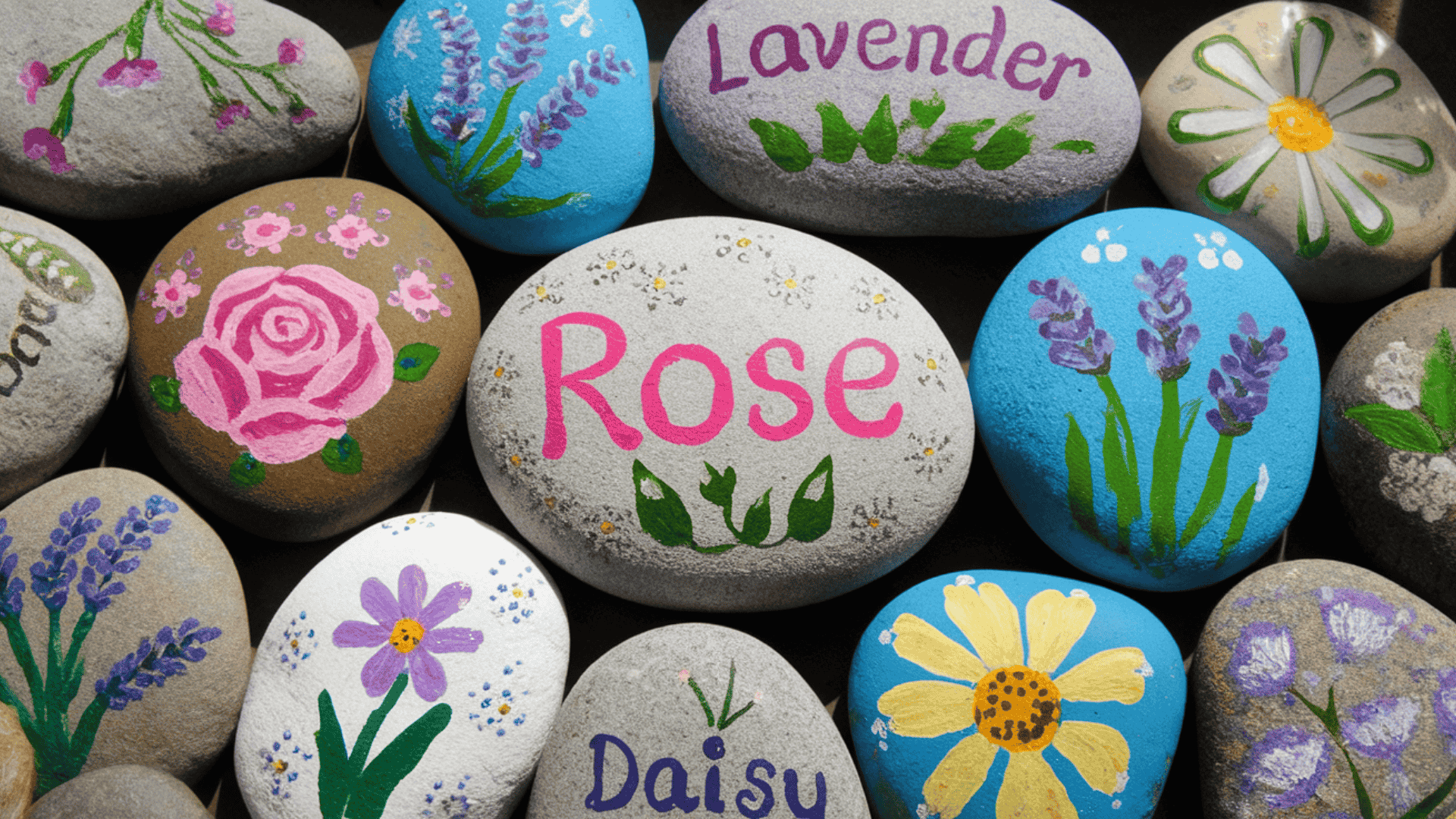 a collection of garden rocks hand painted with flower designs and plant names like rose daisy and lavender