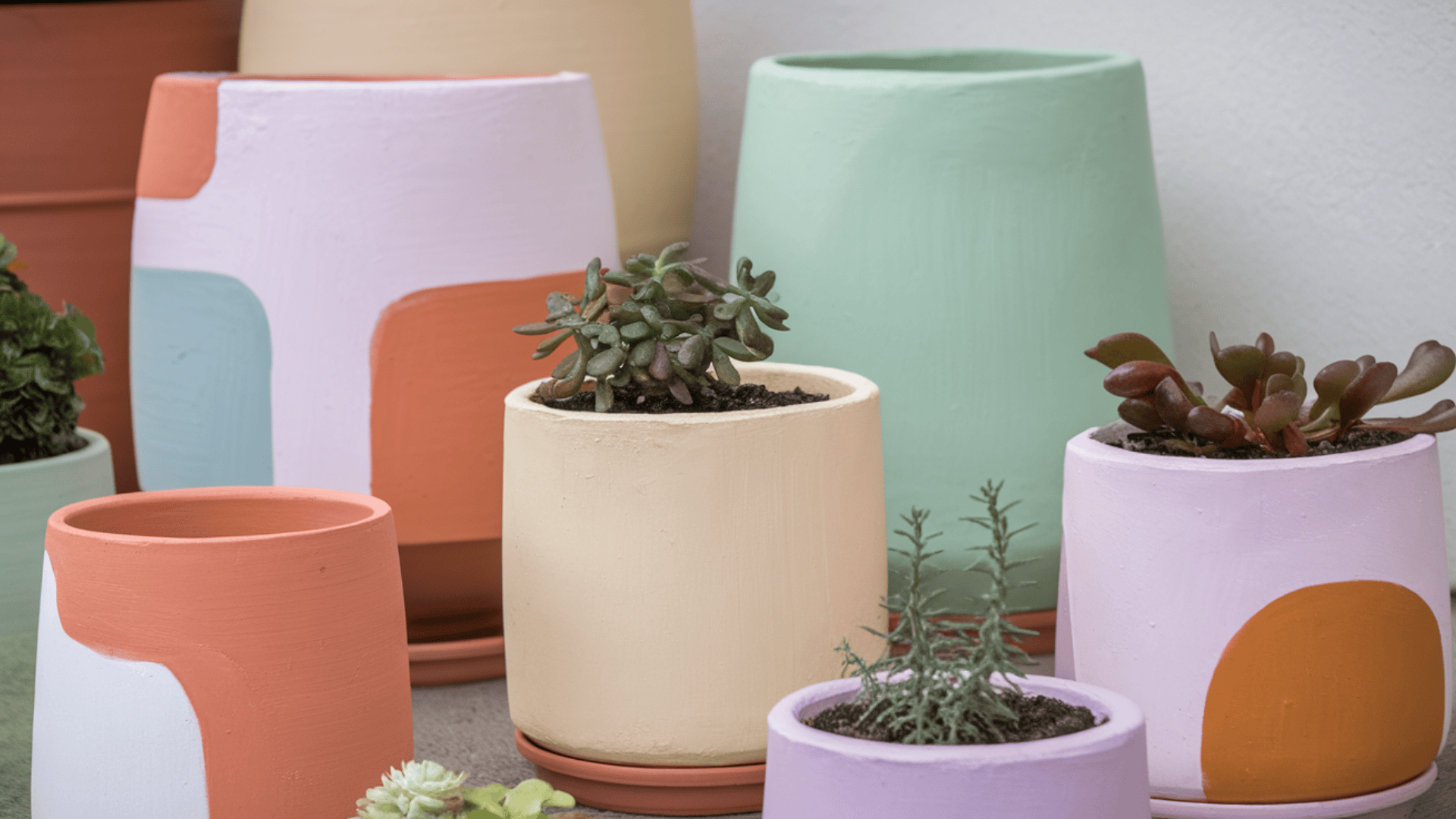 a collection of pastel painted terracotta pots in mint, peach and white with succulents and small plants