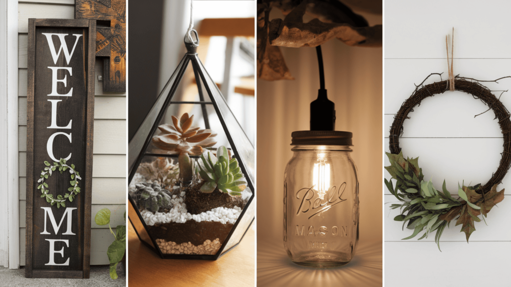 a dark wood welcome sign, geometric succulent terrarium, mason jar pendant light, and twig wreath with greenery