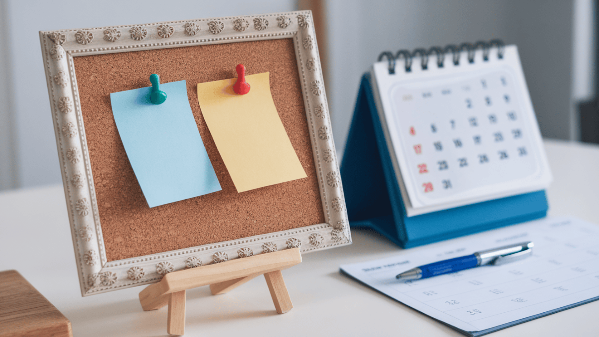 a decorative framed cork board with blue and yellow sticky notes on a mini easel beside a desk calendar