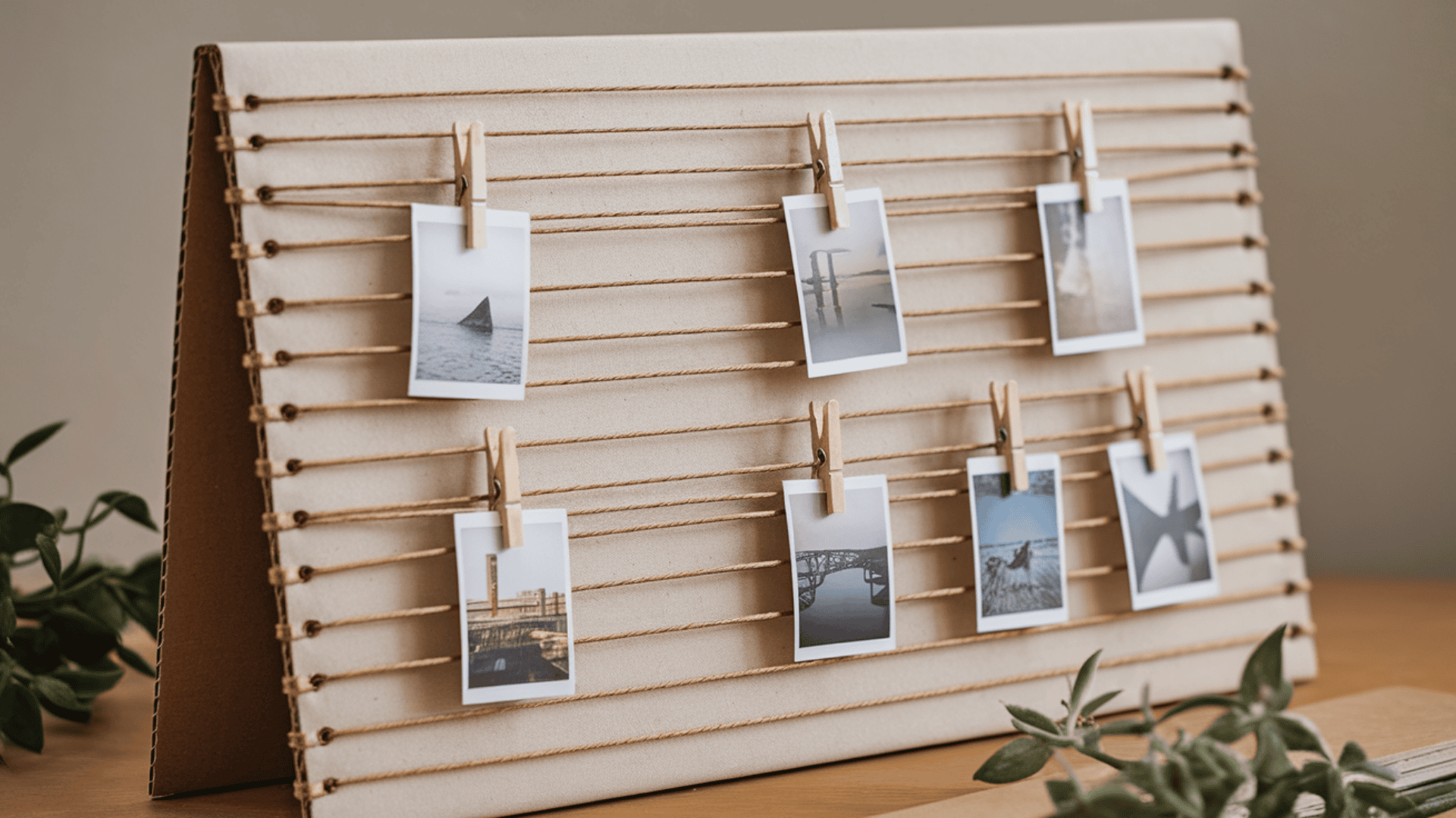 a diy cardboard photo display board with twine lines and small photos clipped with wooden clothespins