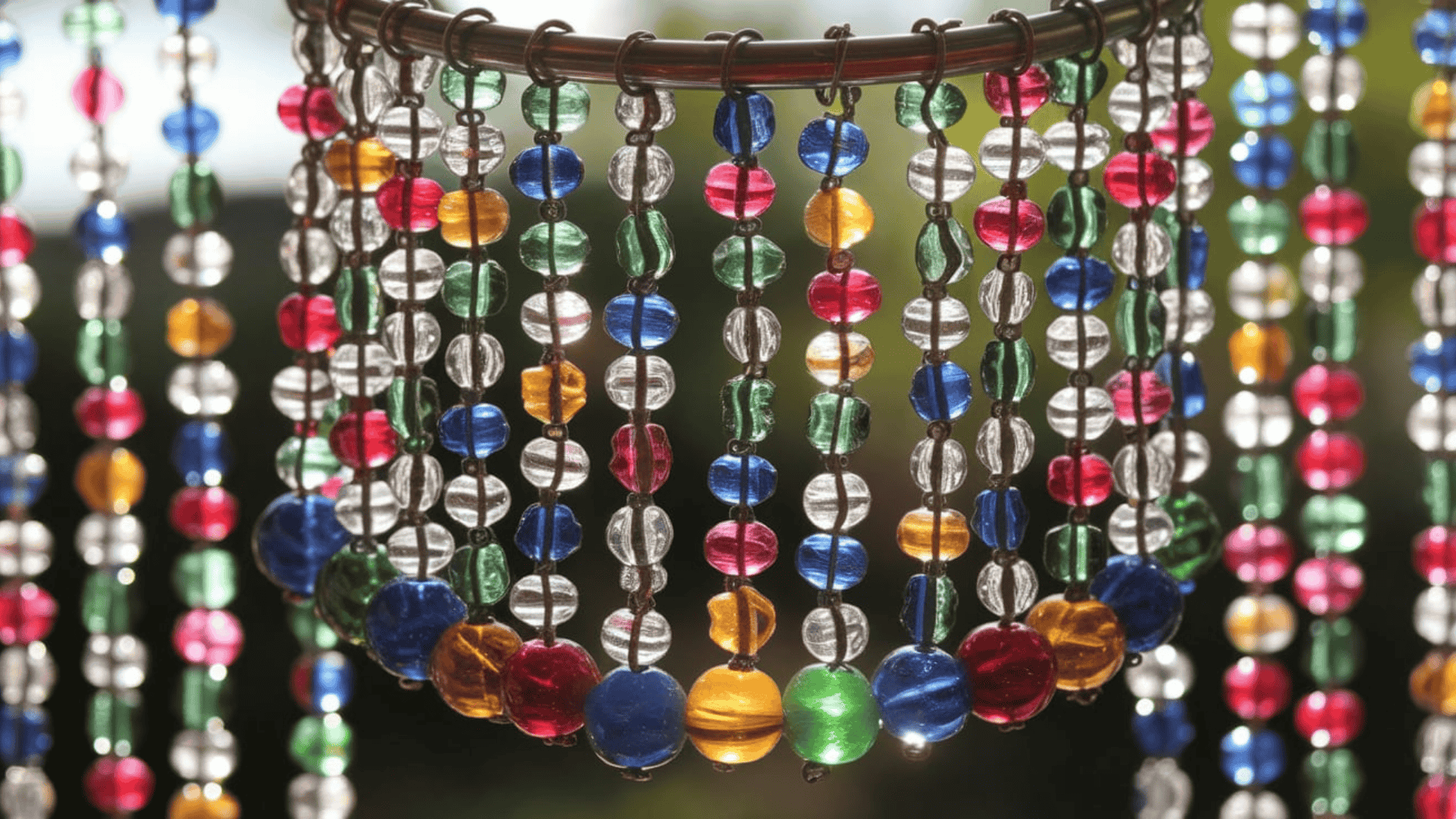 a diy wind chime made from strings of colorful transparent glass beads hanging from a curved rod