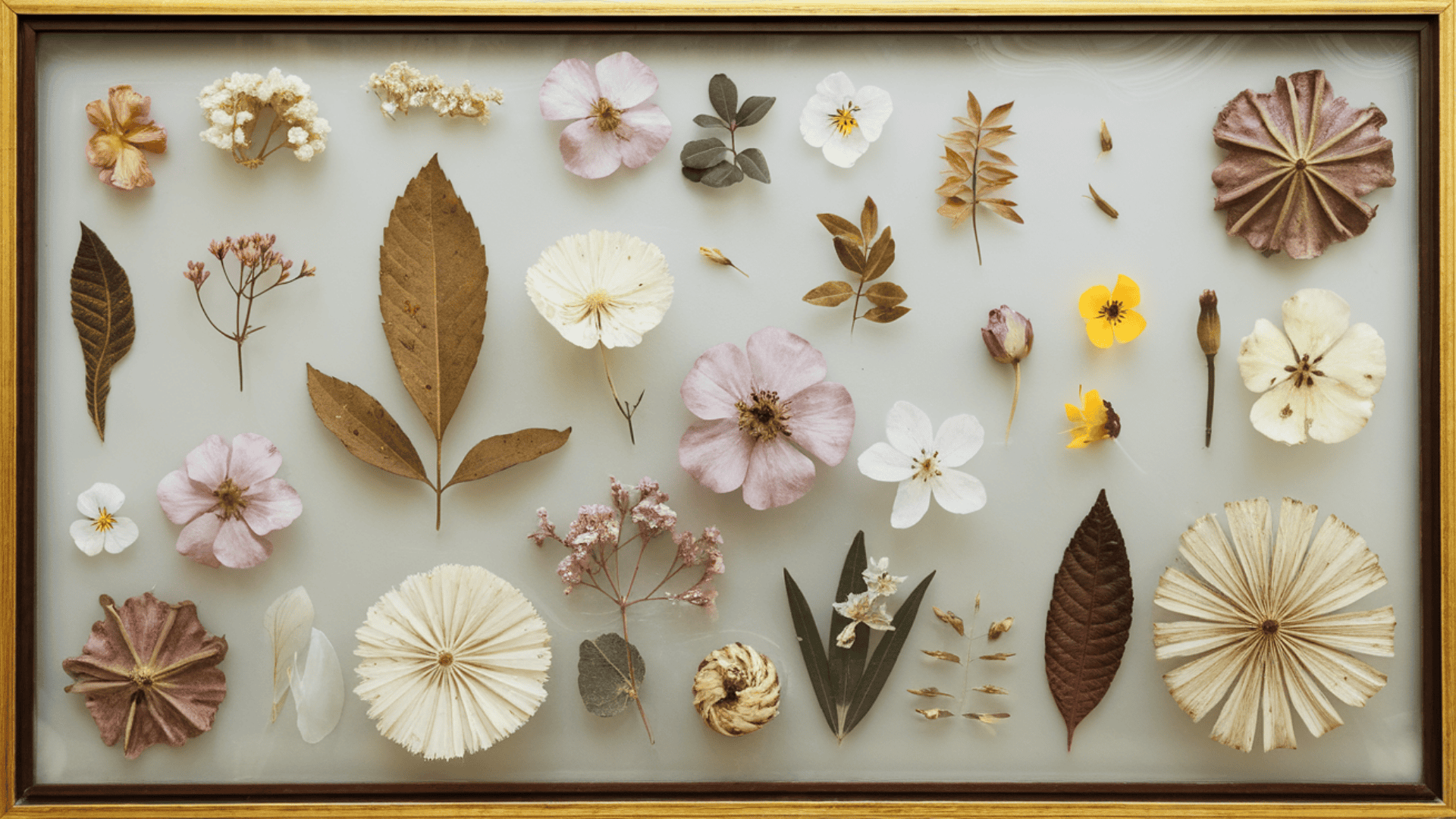 a framed collection of pressed dried flowers and leaves arranged neatly on a light background in a gold frame