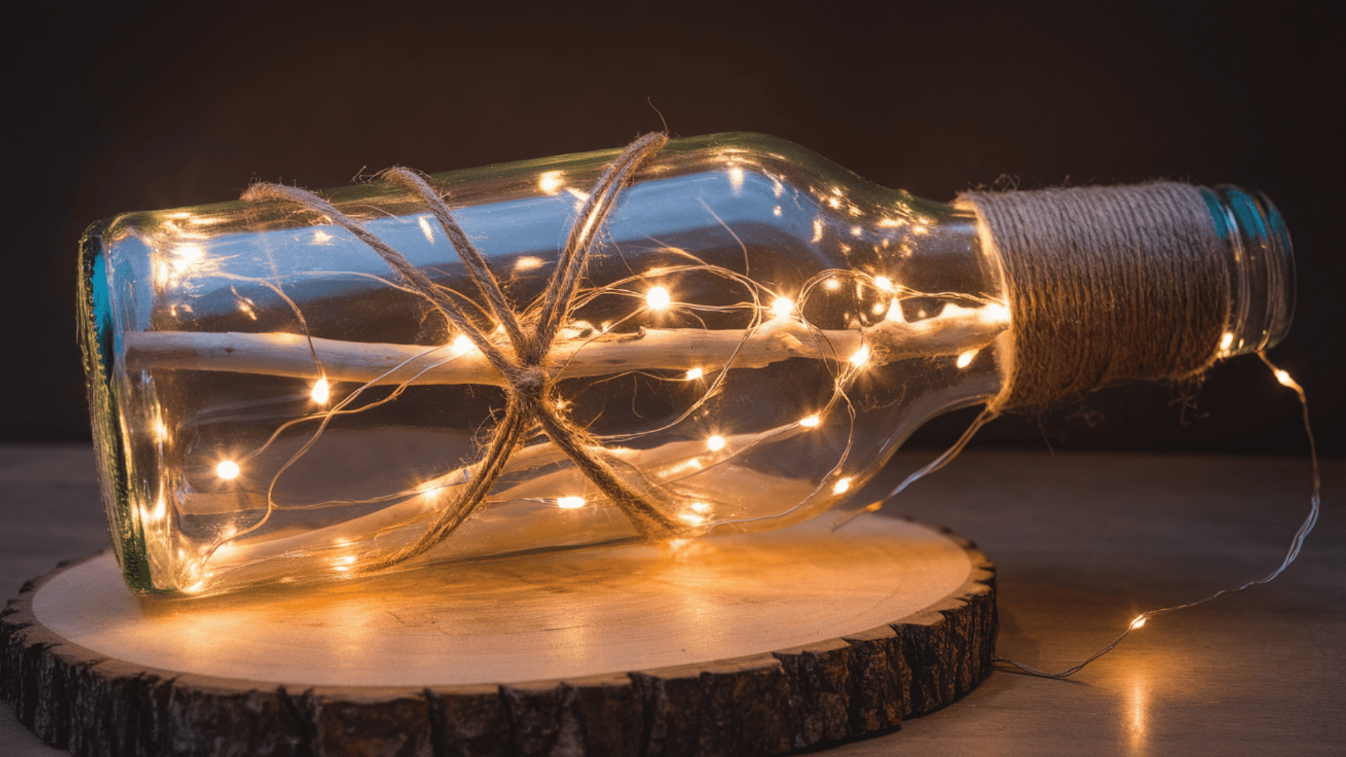 a glass bottle lying on a wood slice with fairy lights and jute twine inside glowing warmly in the dark