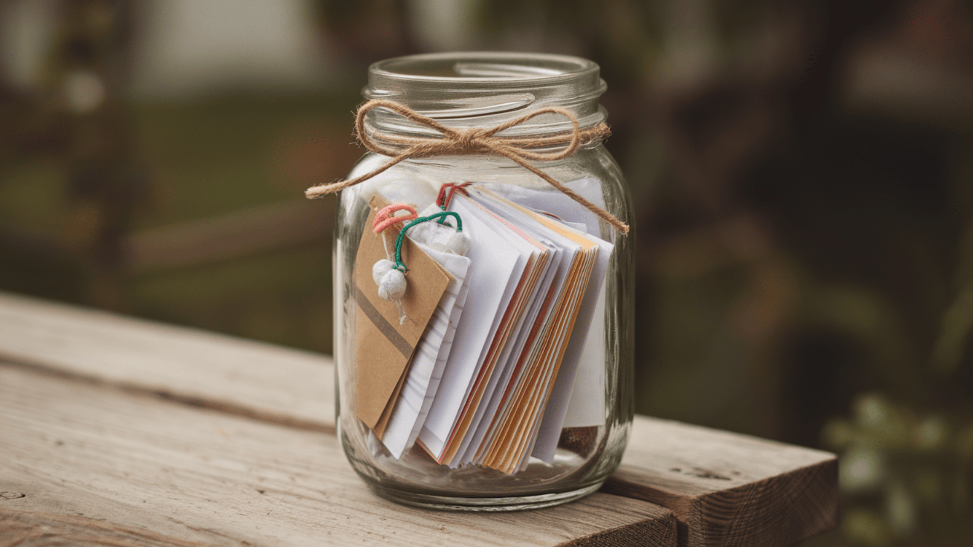 a glass jar tied with twine holding colorful folded notes and small kraft paper booklets on a wood surface
