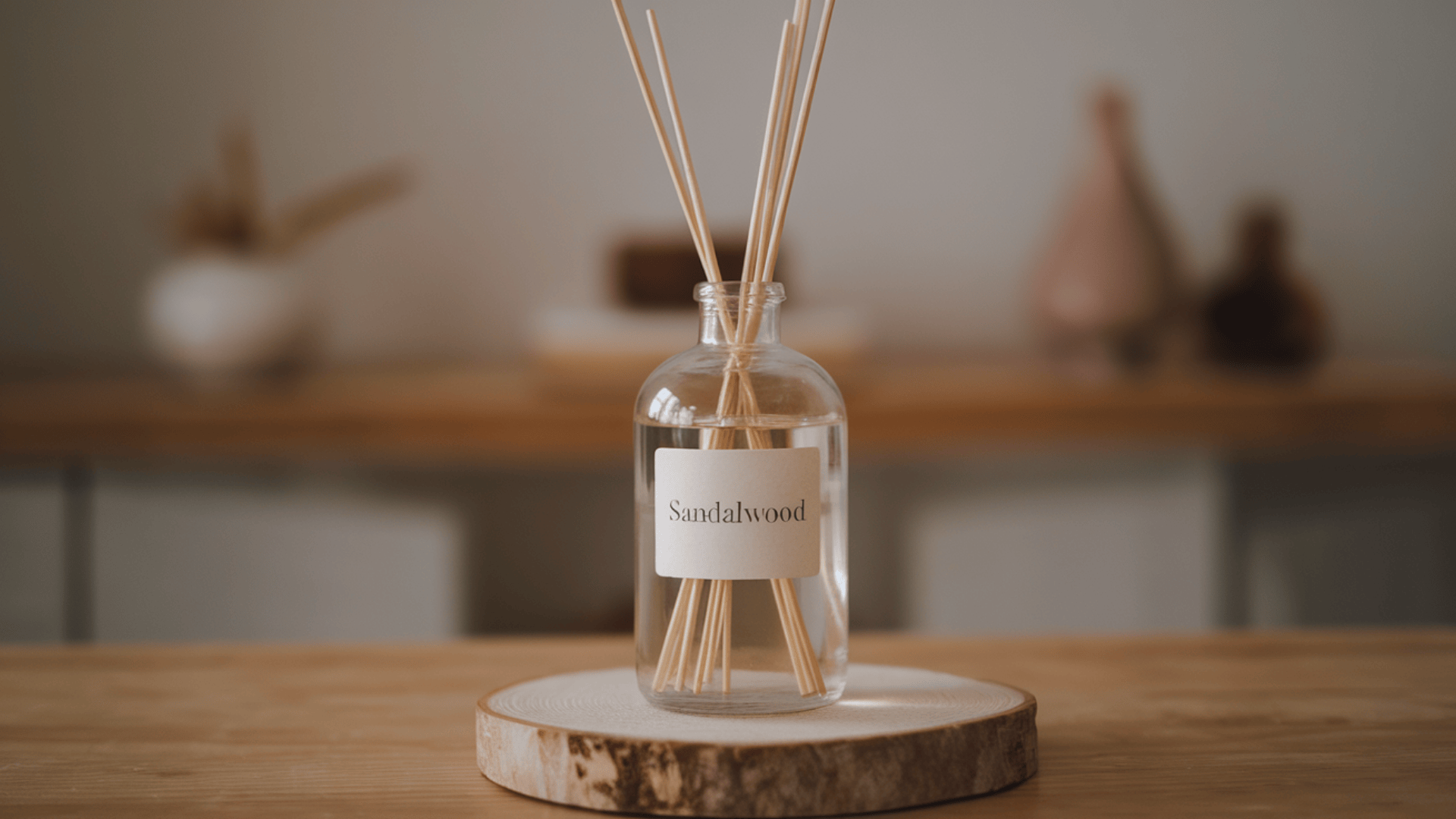 a glass sandalwood reed diffuser with rattan sticks placed on a wood slice coaster on a wooden table