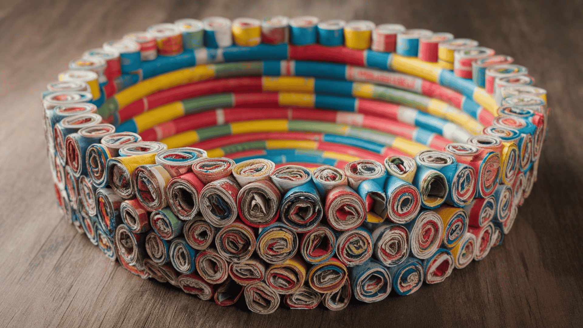 a round decorative bowl made from tightly rolled colorful magazine pages placed on a wooden surface