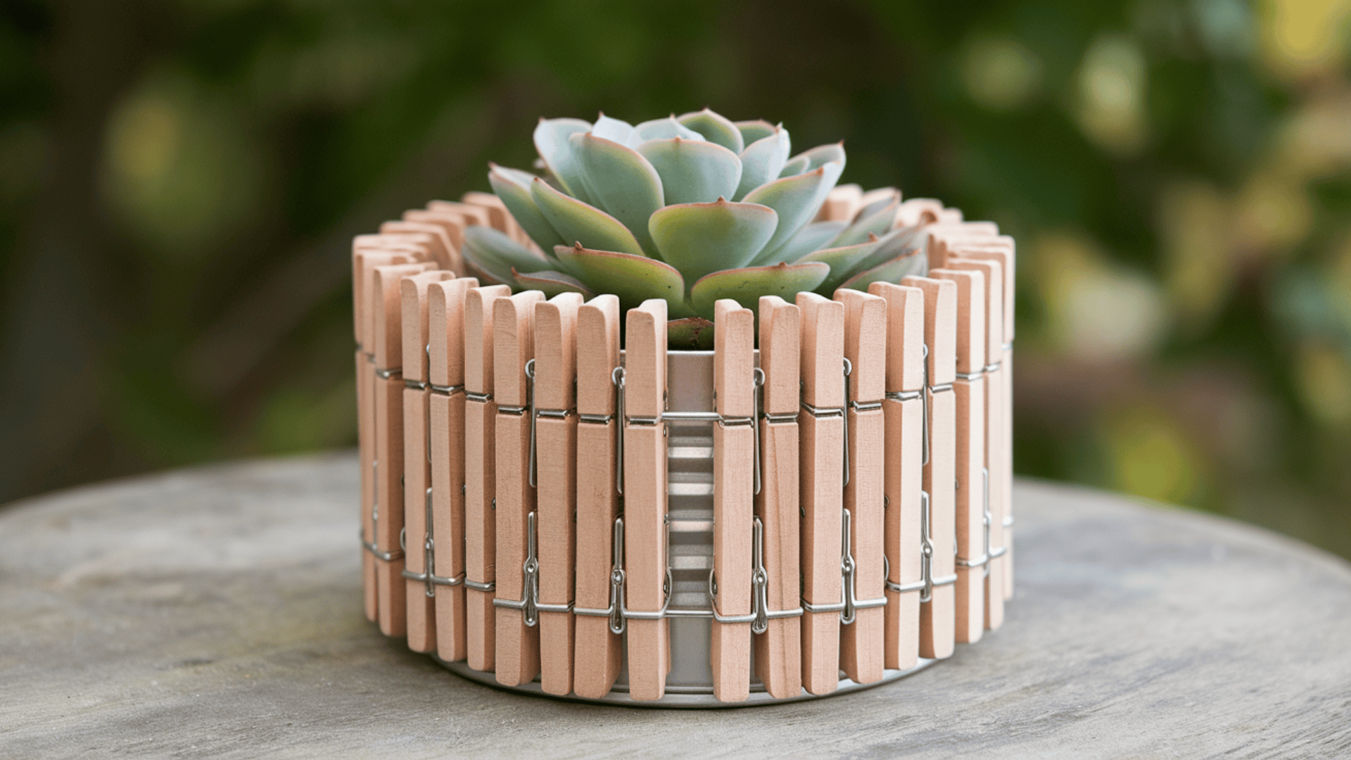 a succulent plant in a diy tin can planter wrapped with wooden clothespins placed on a stone surface