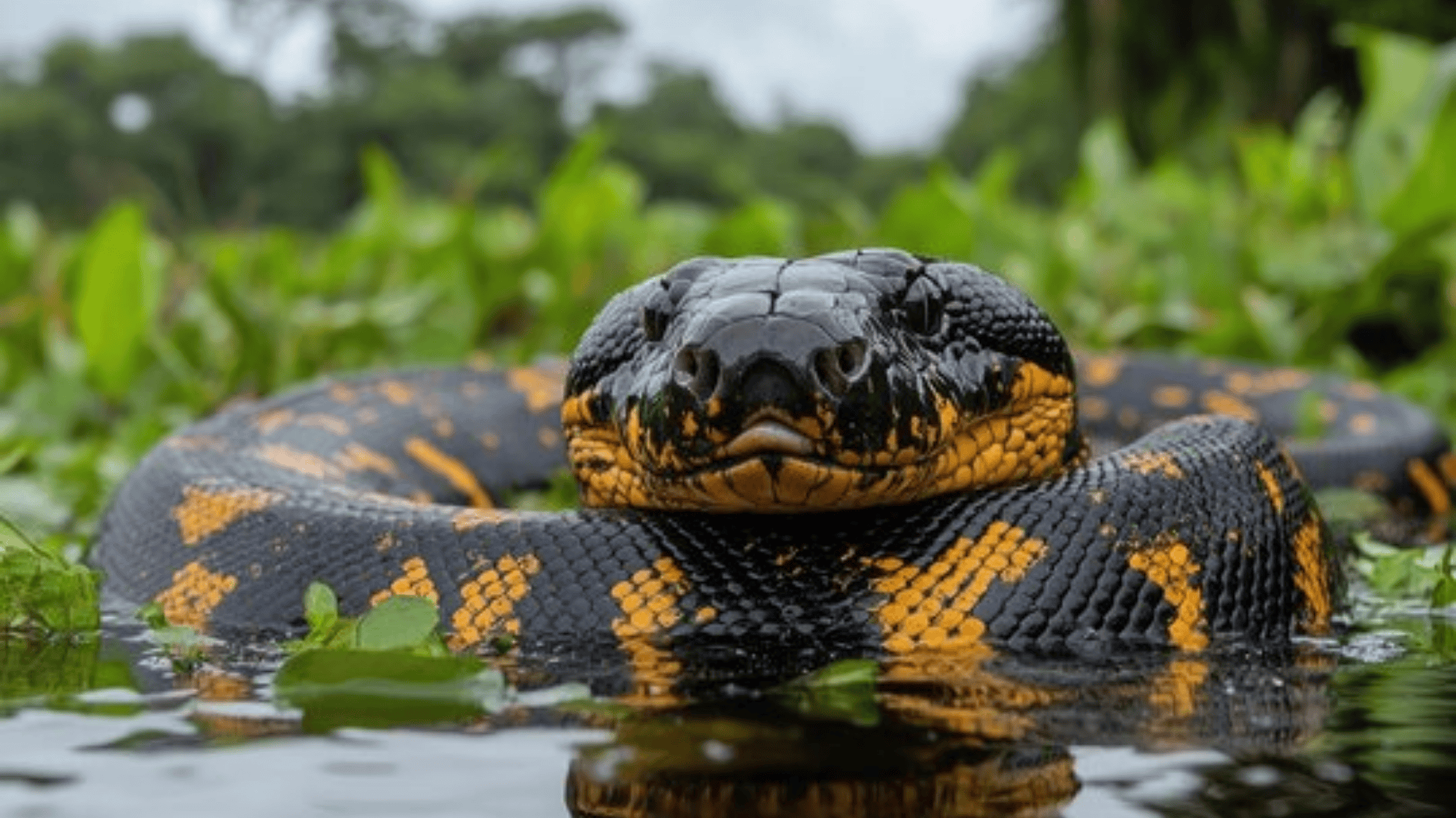 arge black and yellow anaconda snake coiled in shallow water, head raised above surface with blurred green vegetation behind