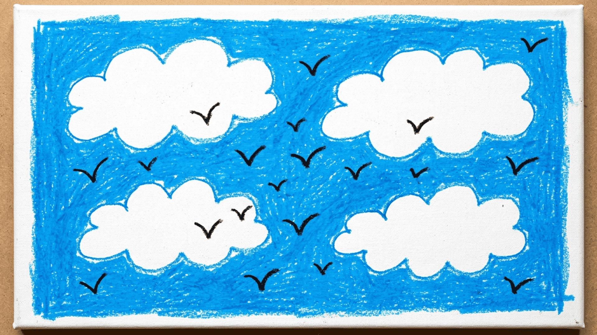 blue sky with puffy white clouds and simple v-shaped birds kids drawing painted on a white canvas for easy summer drawing ideas