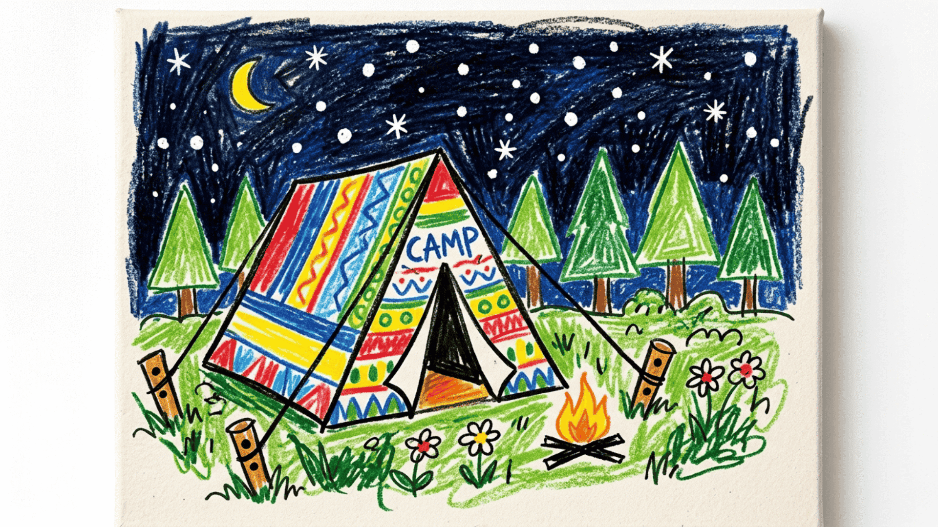 camping tent under open sky kids drawing with triangle shape ground stakes and bright starry night painted on a white canvas for beginners