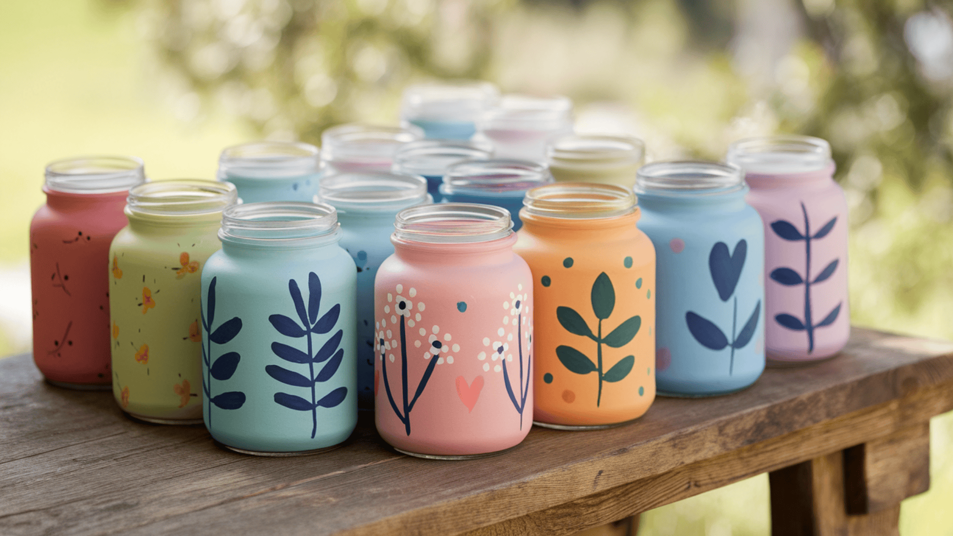 colorful hand painted glass jars with floral and leaf designs displayed on a rustic wooden table outdoors