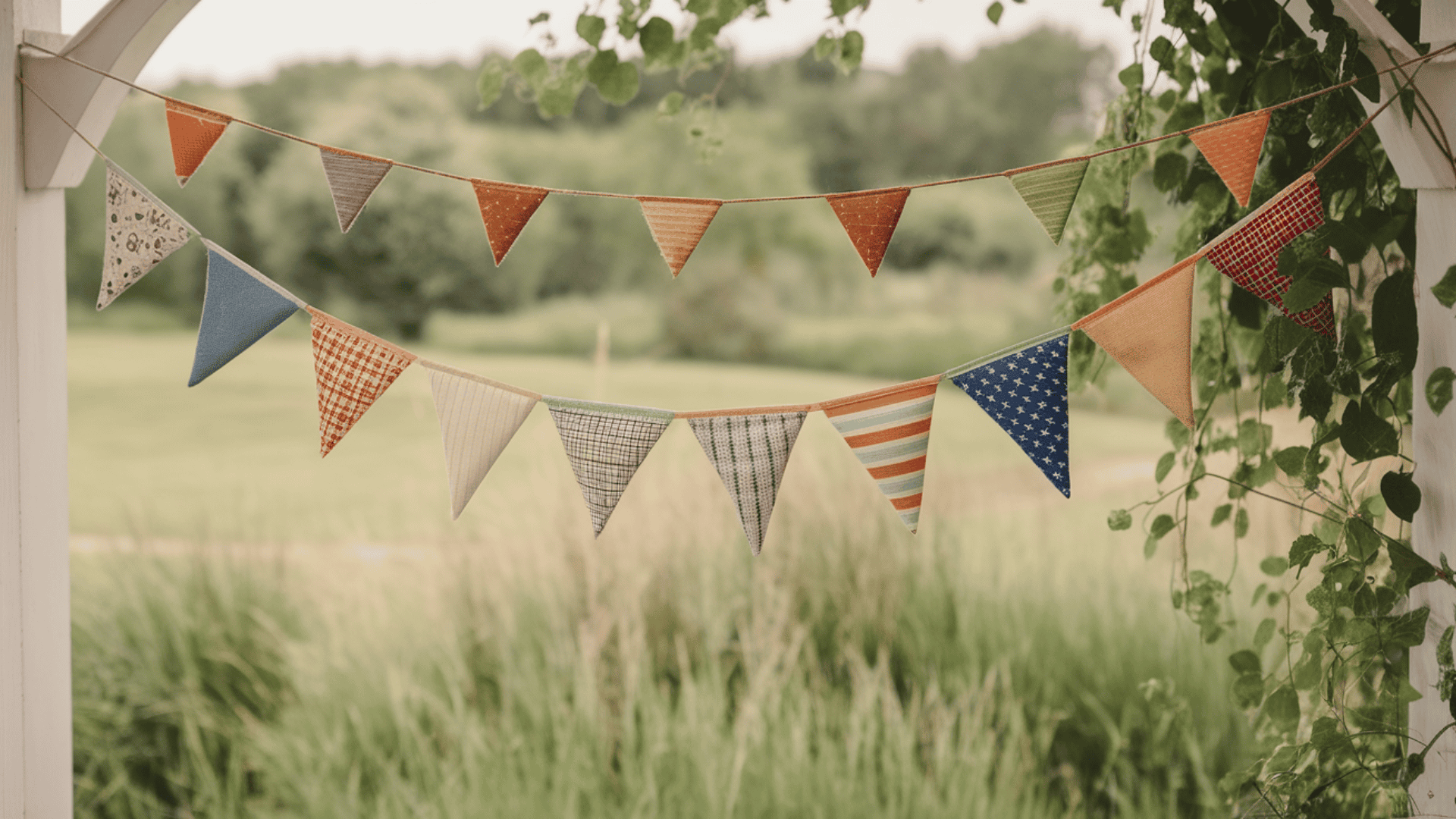 colorful handmade fabric bunting with triangle pennants in various patterns hanging on a white garden arch