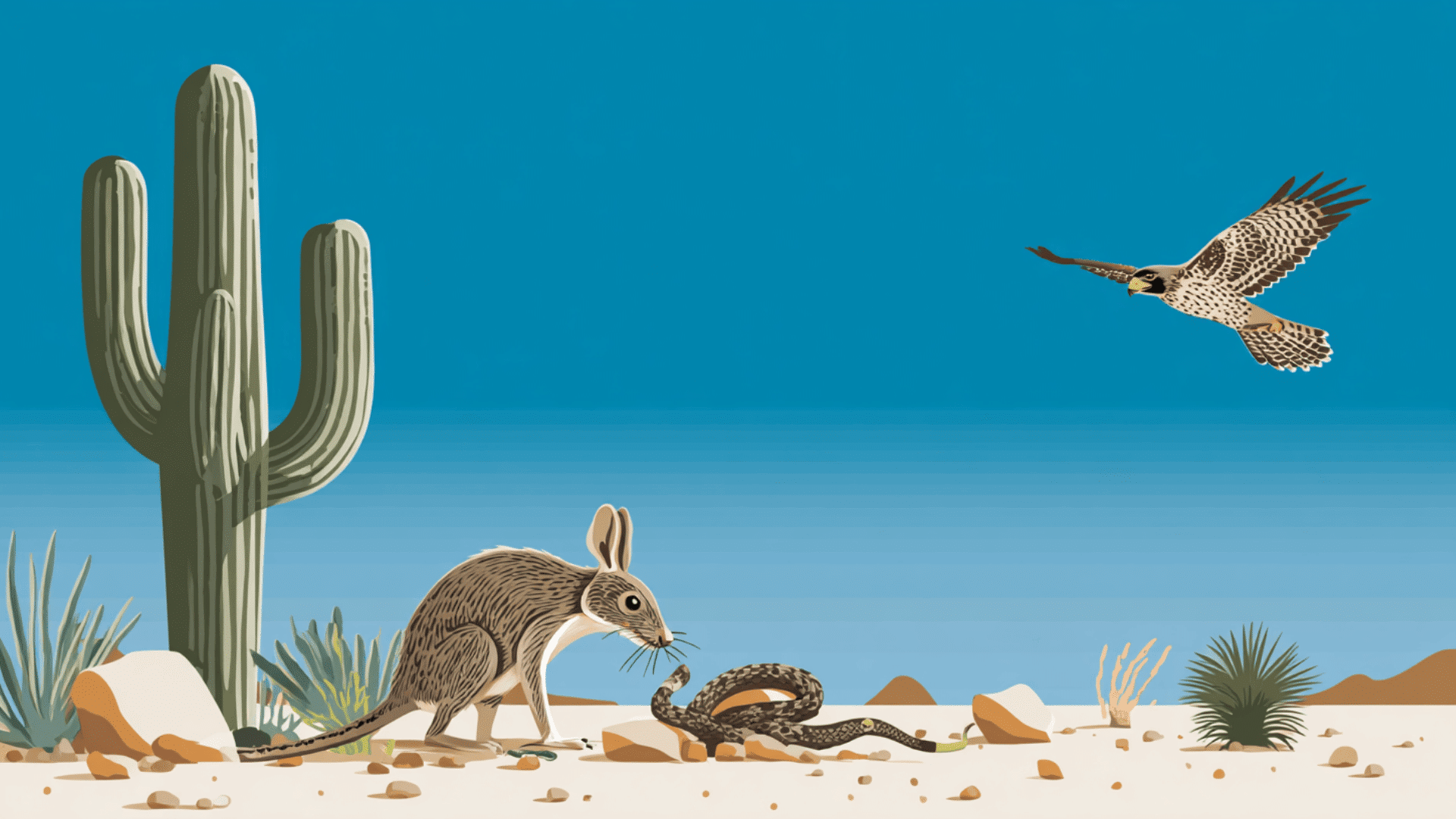 desert scene showing cactus, rodent, snake, and hawk illustrating a simple food chain in a dry sandy environment
