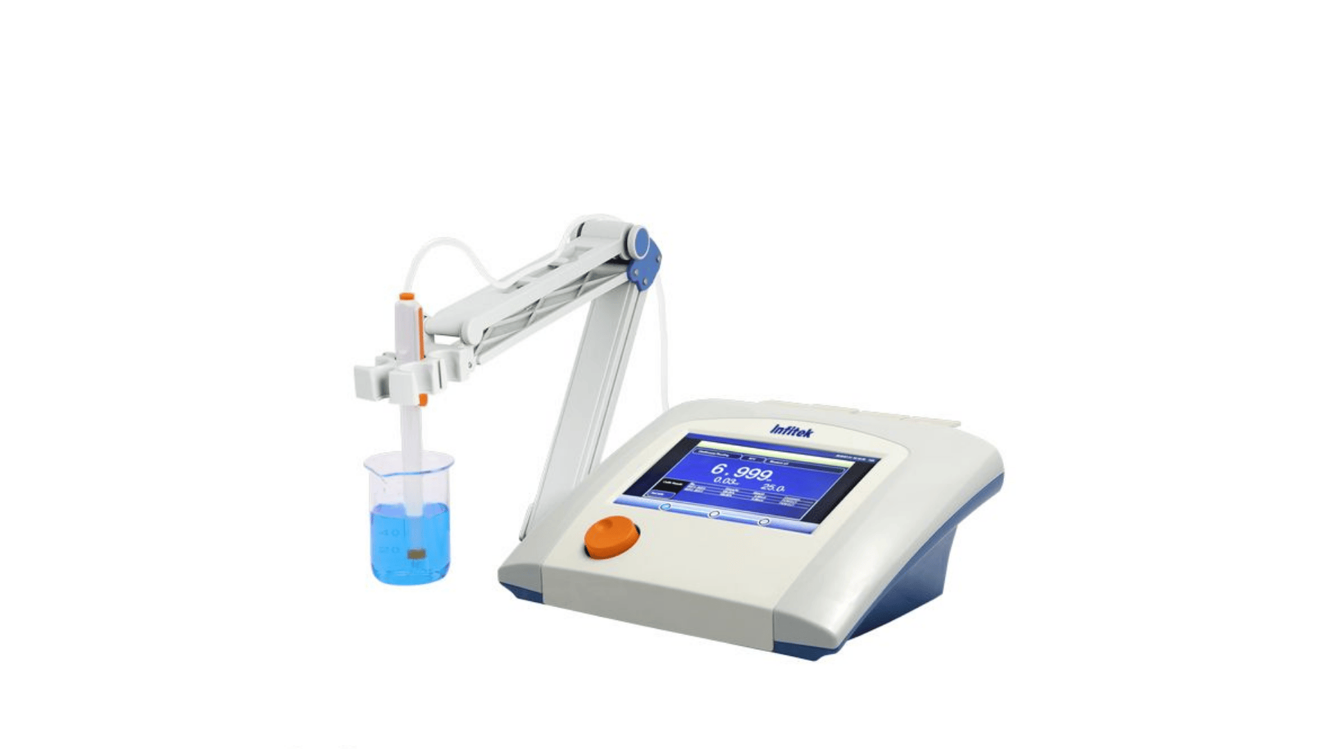 digital ph meter measuring blue liquid in beaker with probe and display screen on lab device