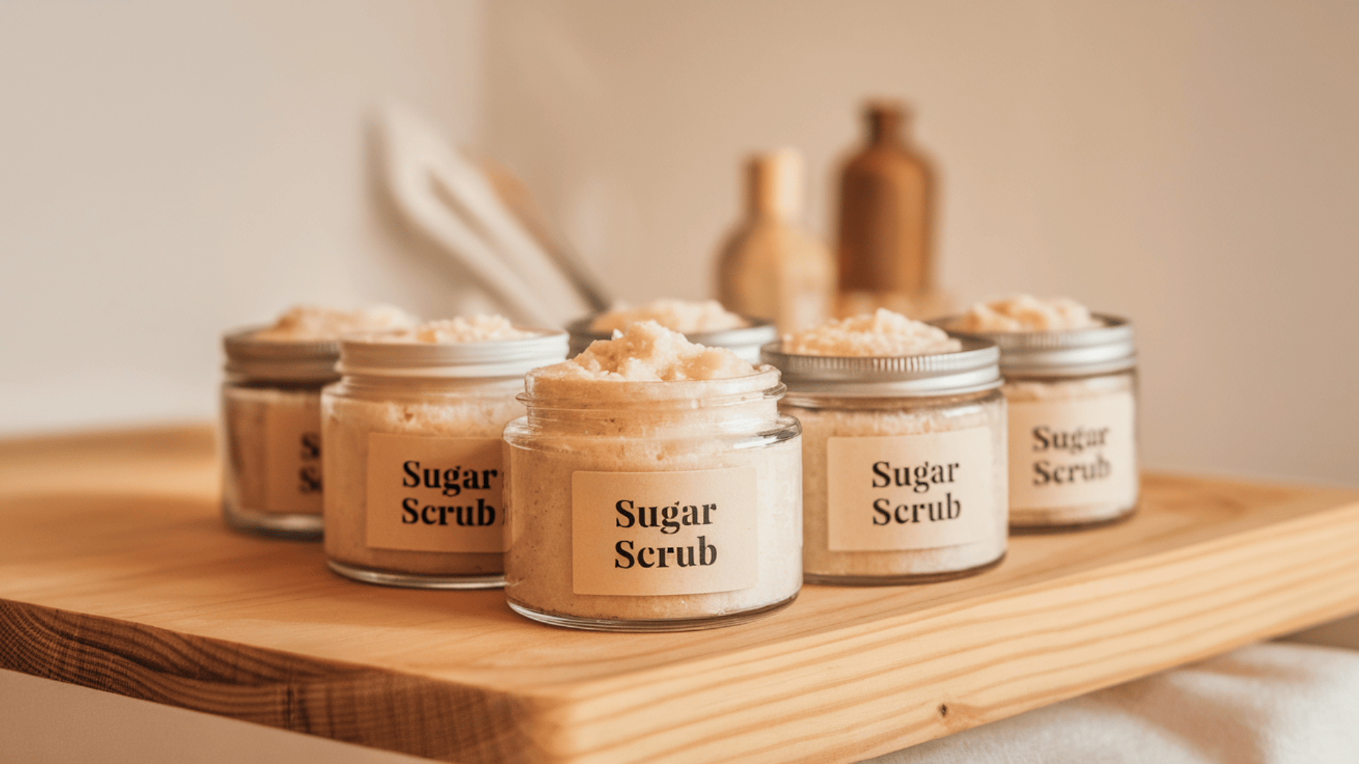 five open glass jars of homemade sugar scrub with kraft paper labels arranged on a light wooden board