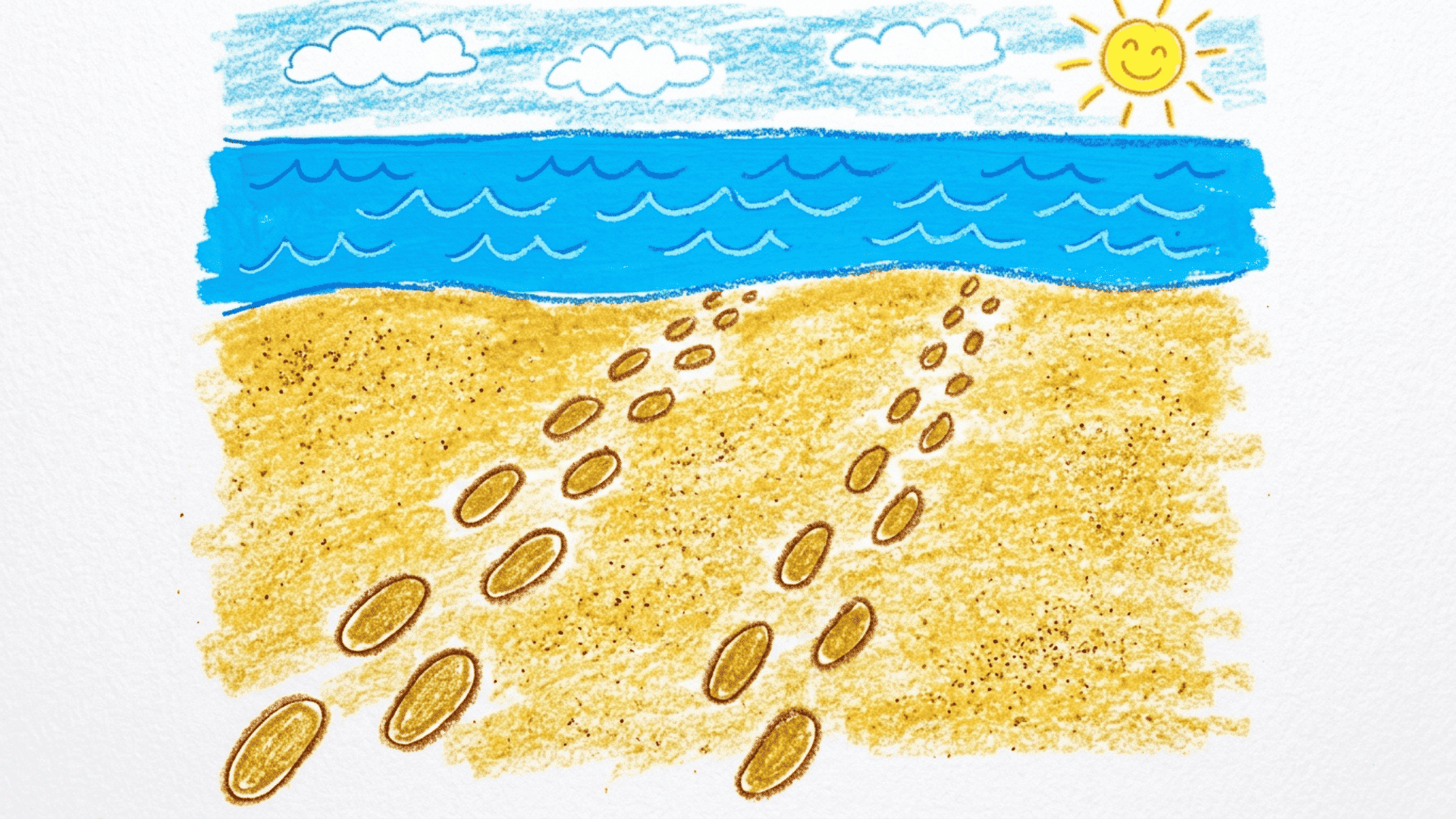 footprints in sand kids drawing with oval shapes leading toward a flat blue shoreline and simple waves painted on a white canvas for beginners