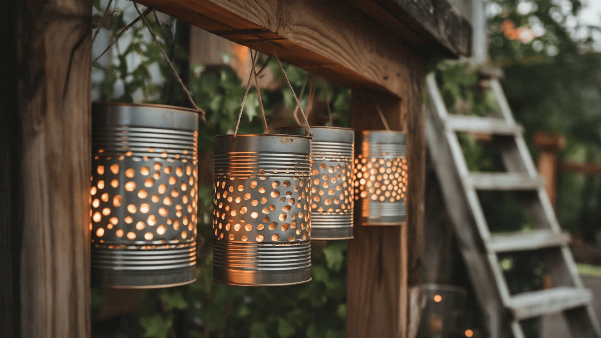 four diy tin can lanterns with punched dot patterns glowing with candle light hung from a wooden beam