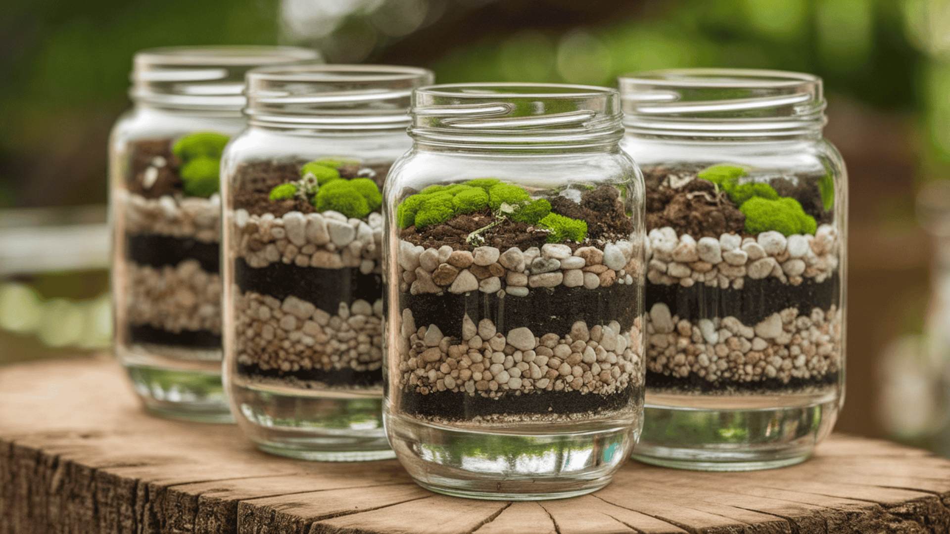 four glass mason jar terrariums layered with pebbles soil and green moss on a rustic wooden surface
