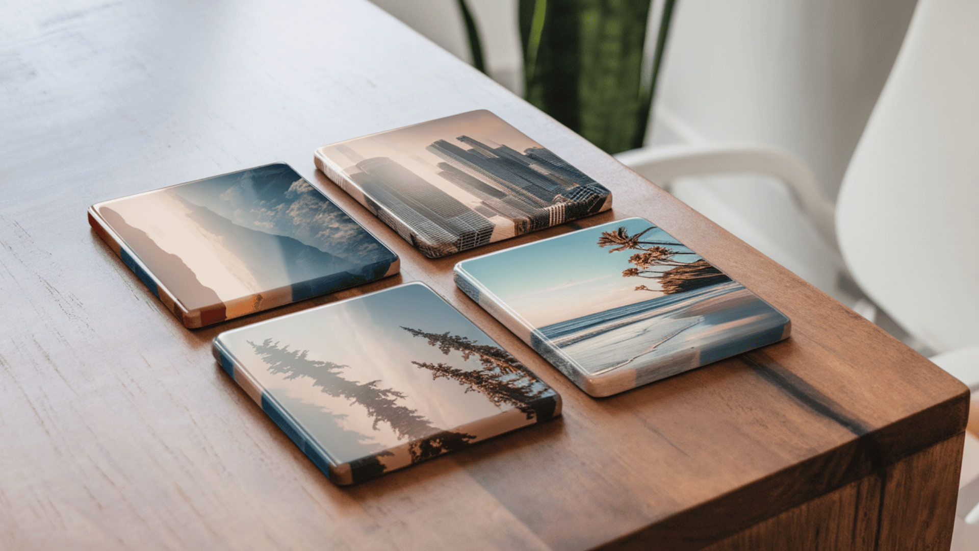 four square photo coasters with landscape images of mountains, city, beach and forest on a wooden table