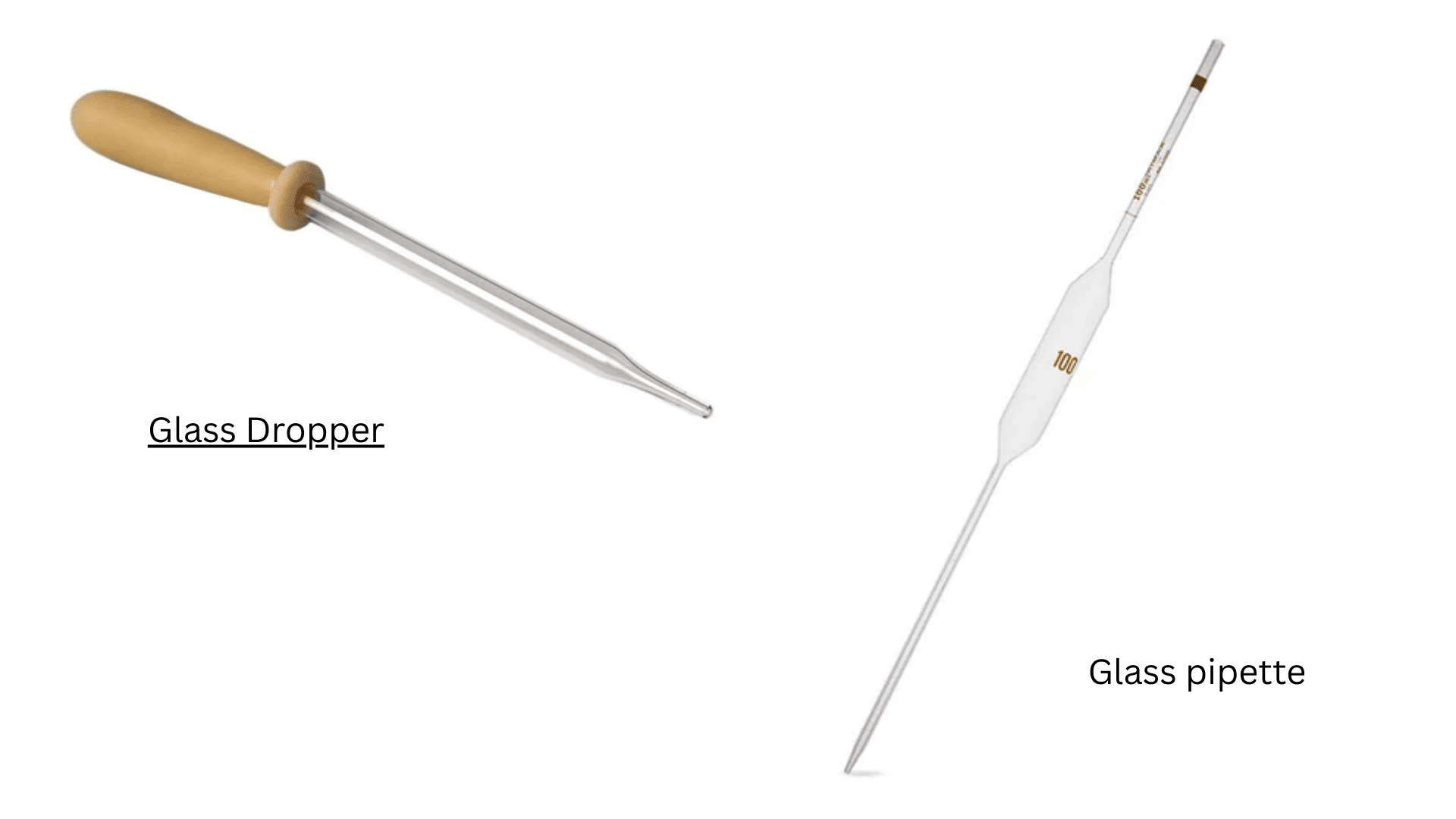glass dropper and volumetric pipette used for transferring liquids