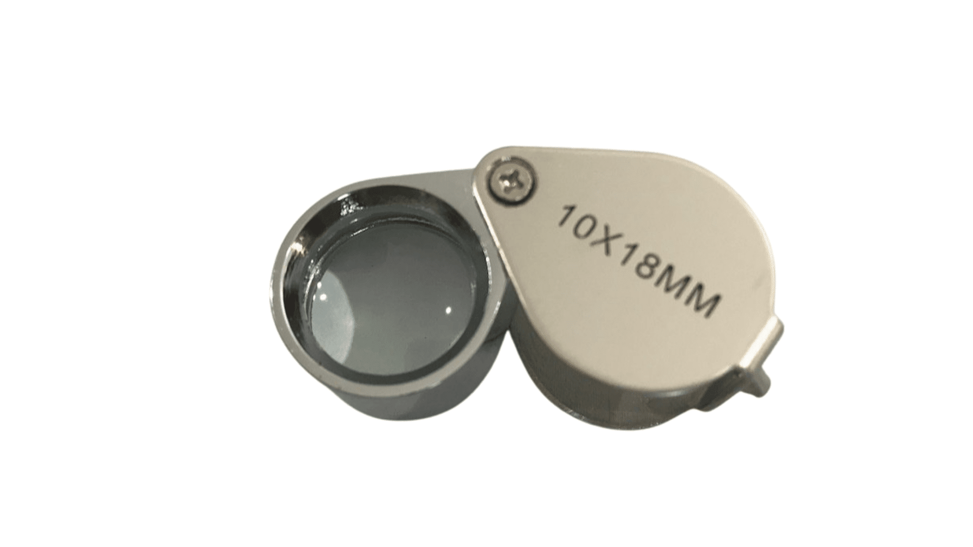 handheld magnifying glass with metal casing marked 10x 18mm