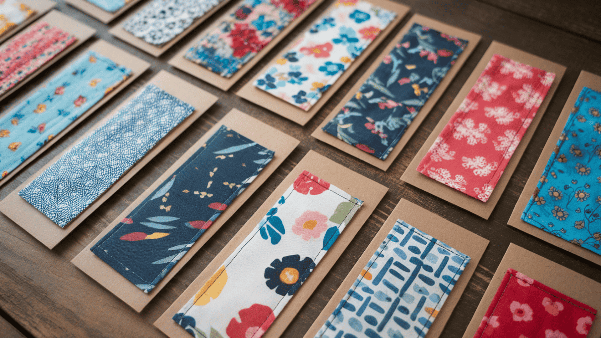 handmade fabric bookmarks with floral and patterned designs mounted on kraft paper cards on a wooden table