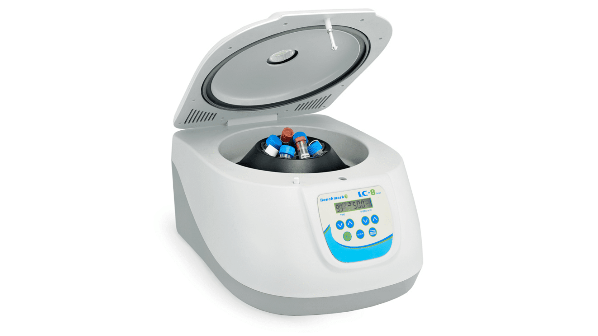laboratory centrifuge with open lid holding multiple test tubes