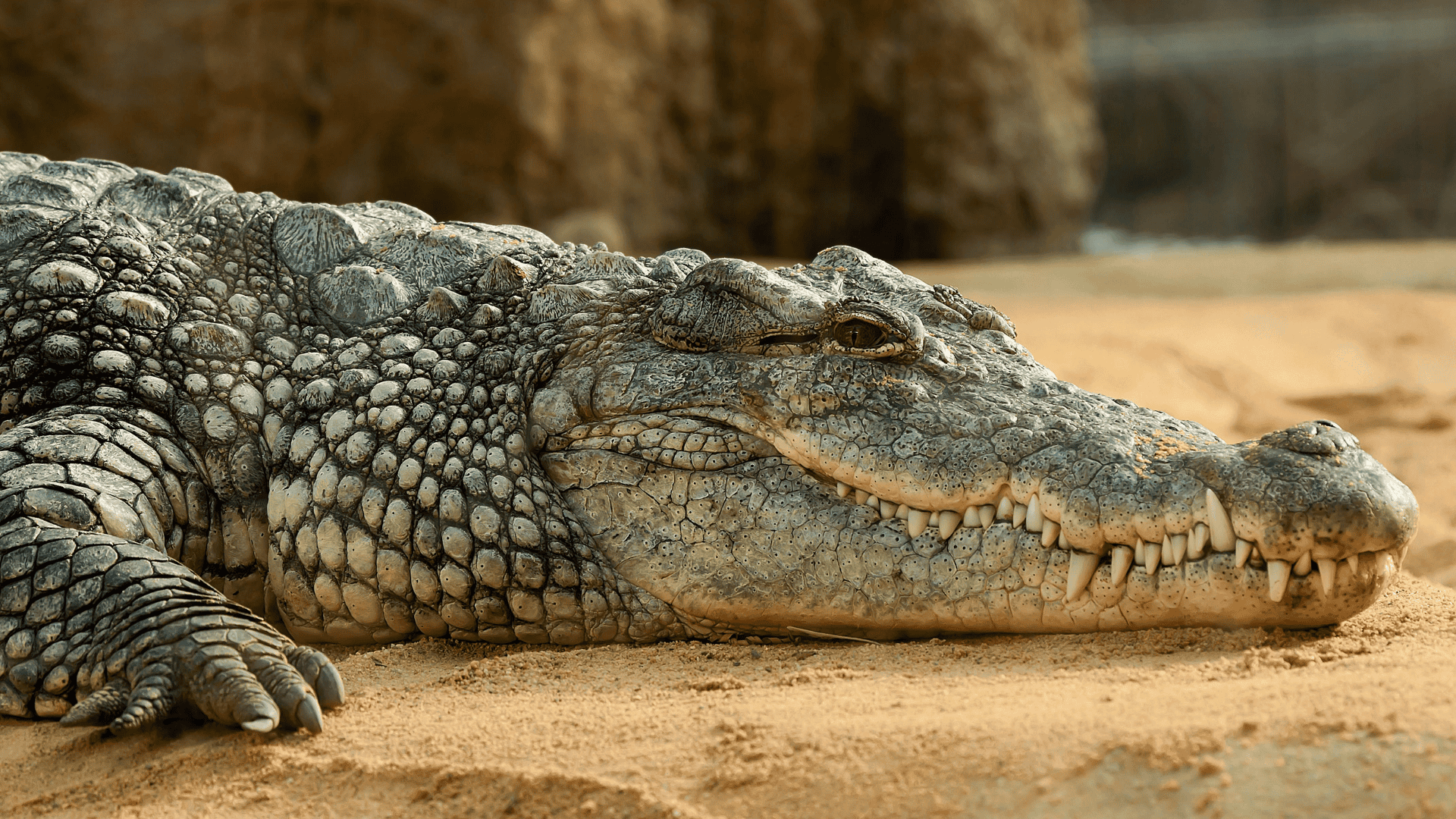 large crocodile resting on sandy ground, rough scaly skin and long snout with sharp teeth, seen in natural habitat
