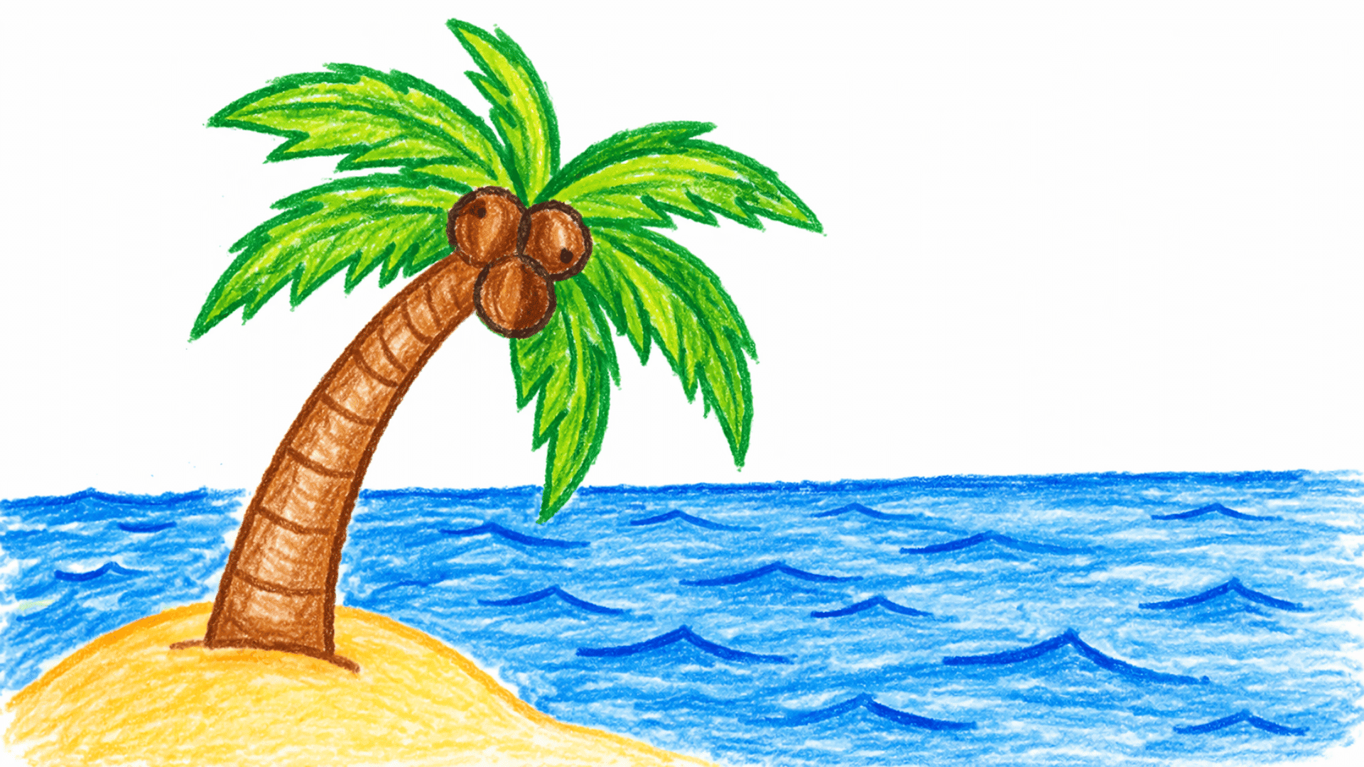 leaning palm tree kids drawing with bold green leaves and round coconuts beside a flat blue sea painted on a white canvas for beginners