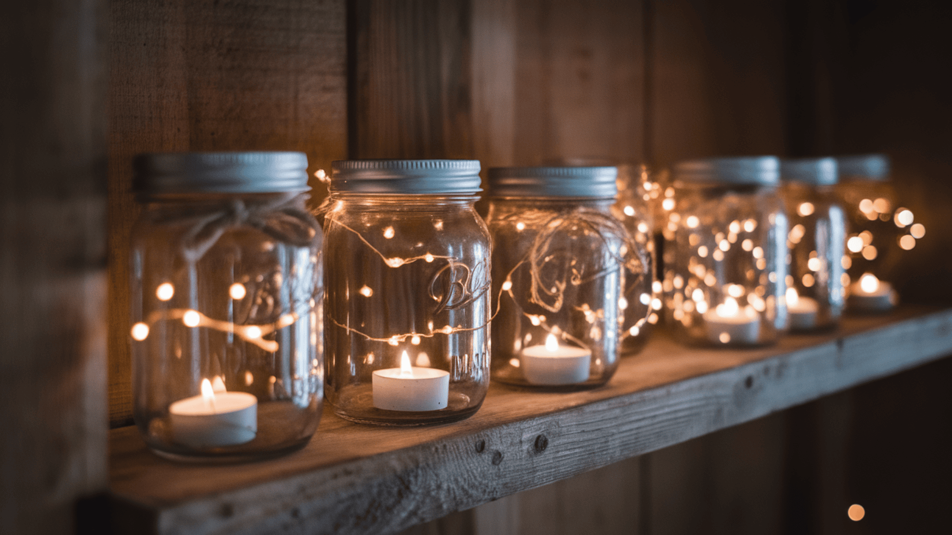 mason jars with fairy lights and tea candles lined up on a rustic wooden shelf in warm dim lighting
