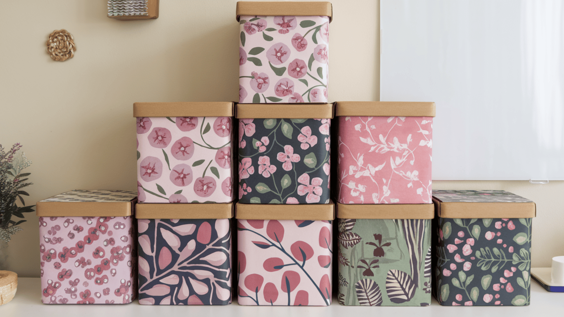 nine decorative storage boxes covered in pink and green floral patterned paper stacked on a white shelf