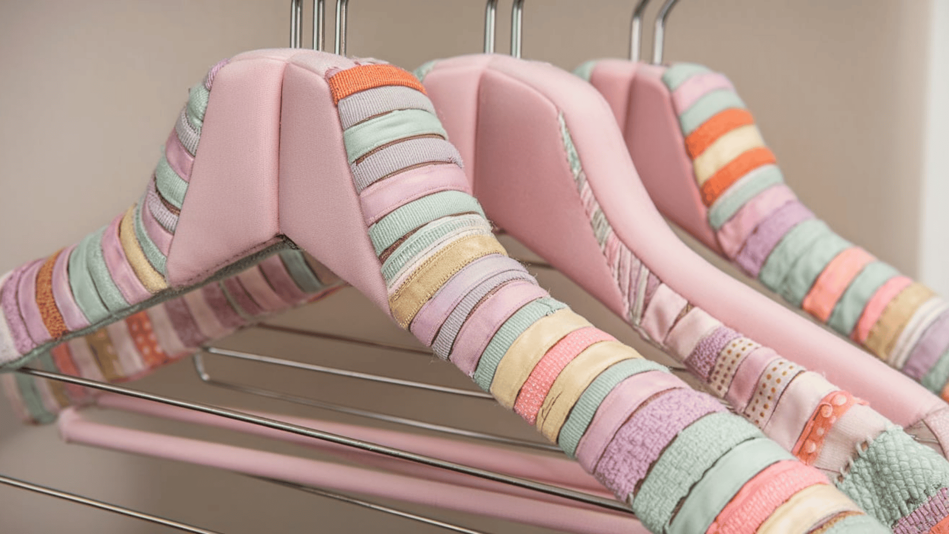 pink padded fabric clothes hangers wrapped with colorful pastel ribbon strips hanging on a chrome rail