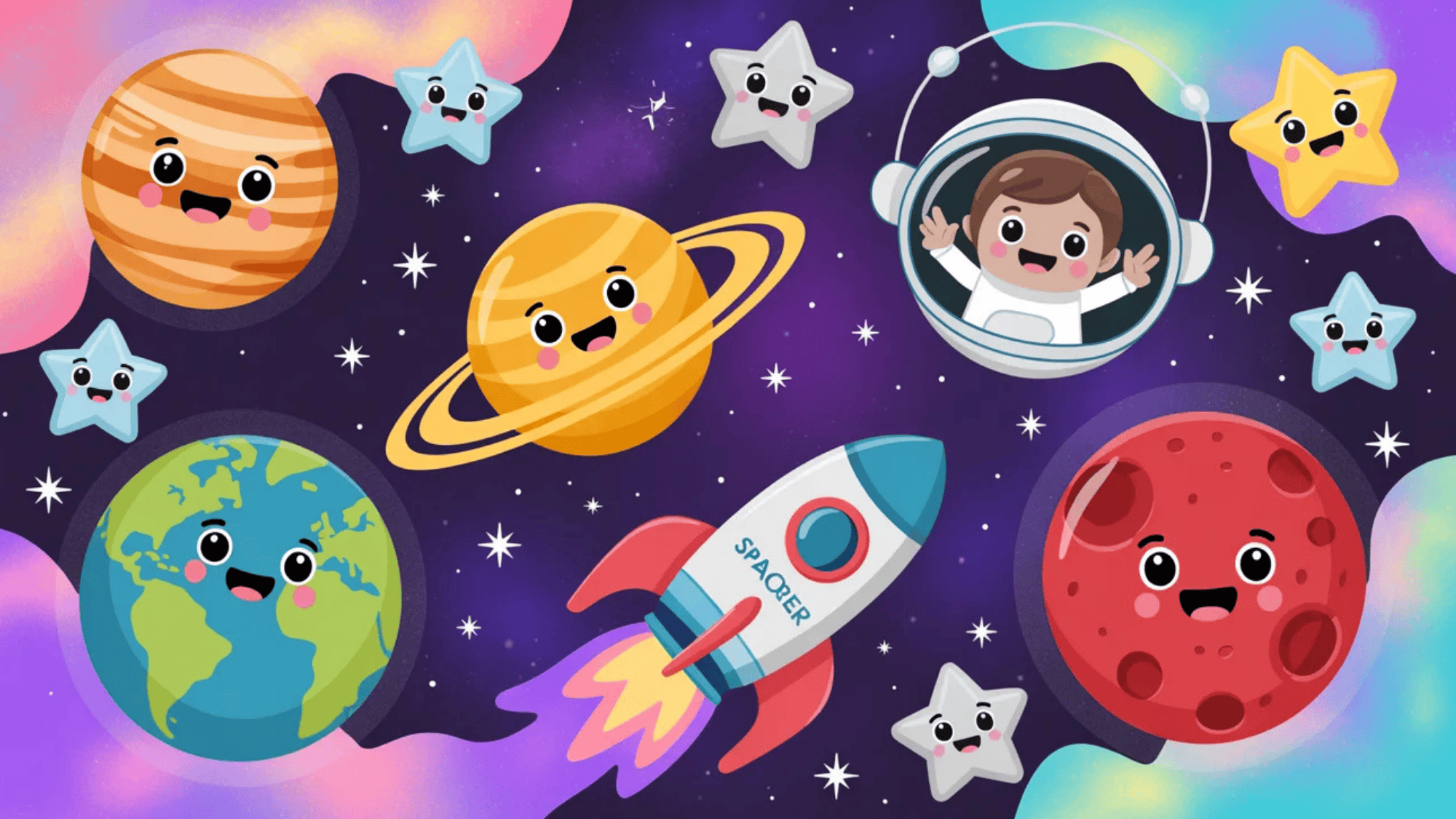 playful space illustration with planets, stars, a rocket, and an astronaut