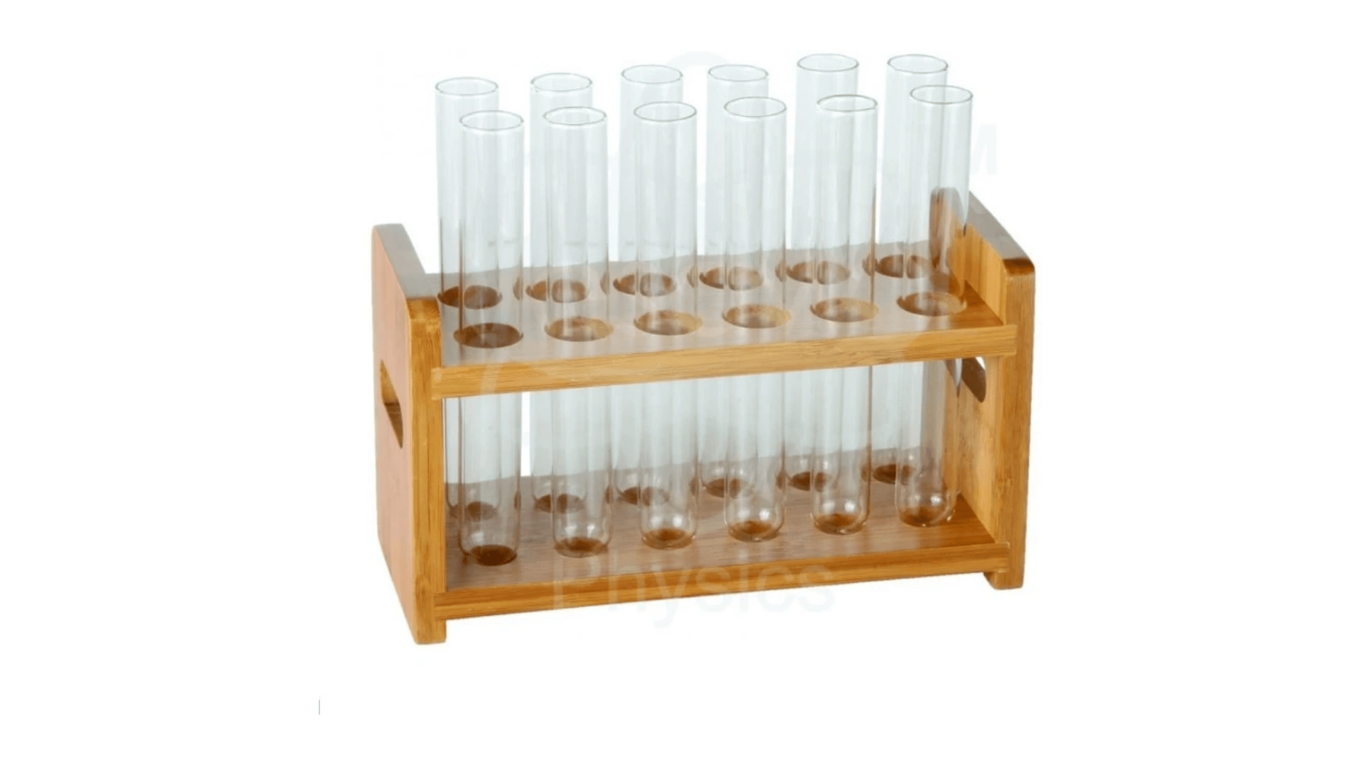 set of test tubes arranged in wooden rack for experiments