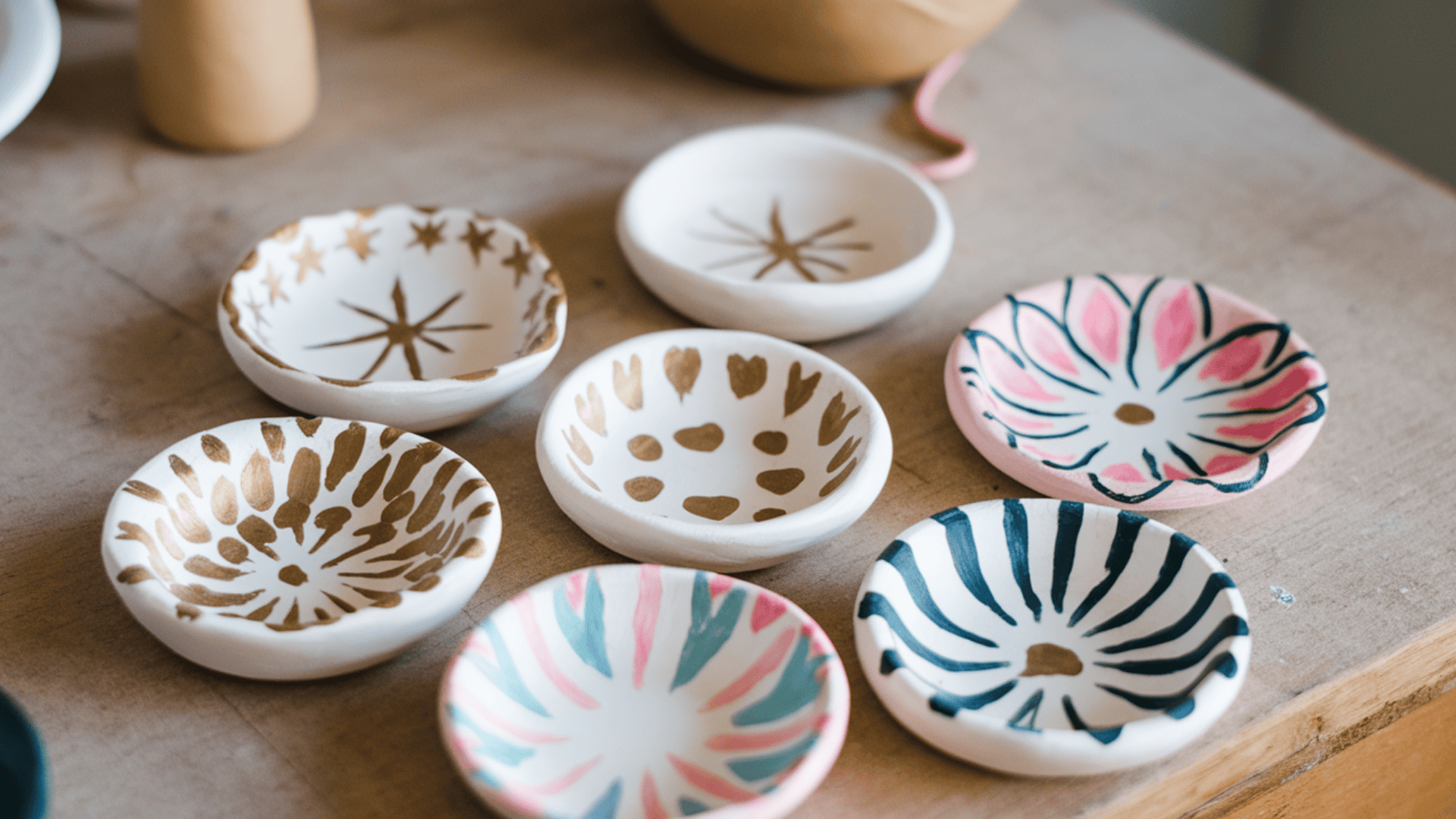 seven small white clay ring dishes hand painted with gold, pink and blue floral patterns on a wooden table