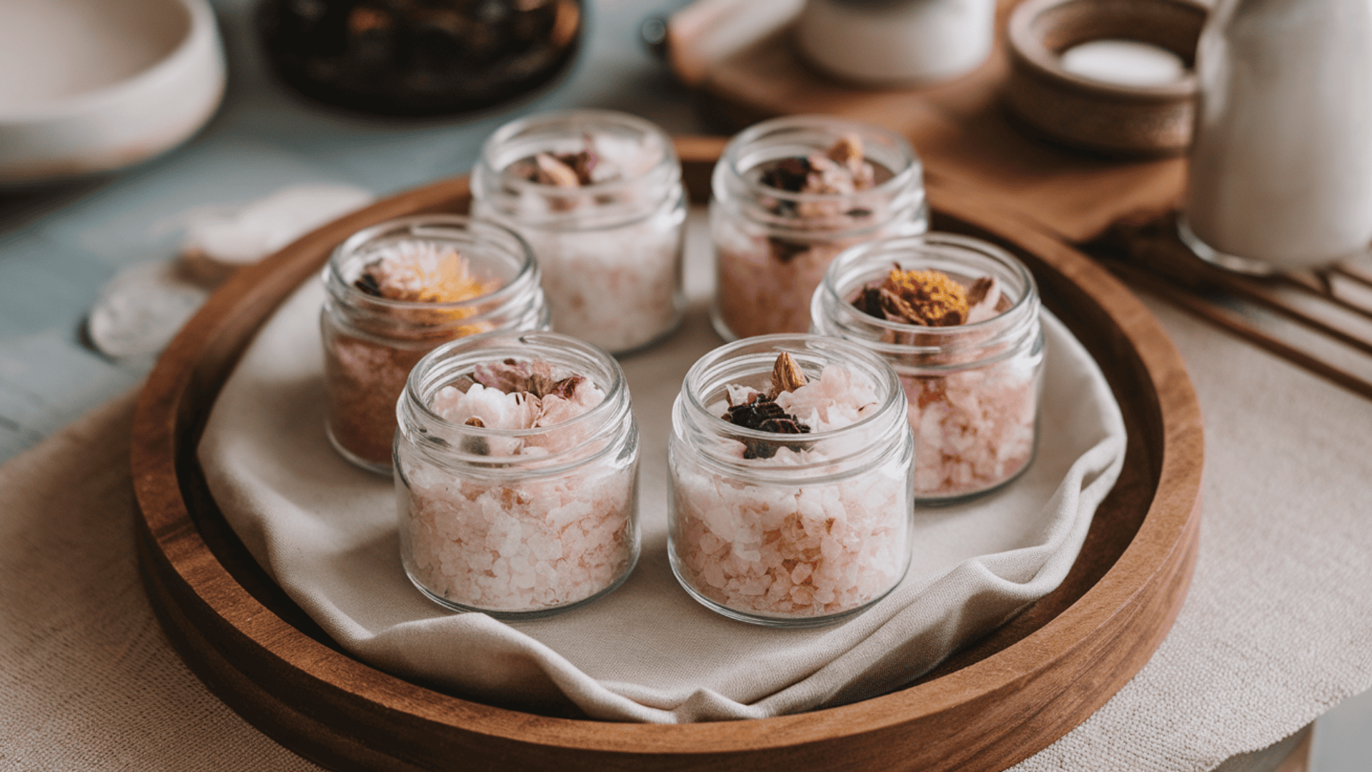 six small glass jars filled with pink himalayan salt and topped with dried flowers on a wooden tray