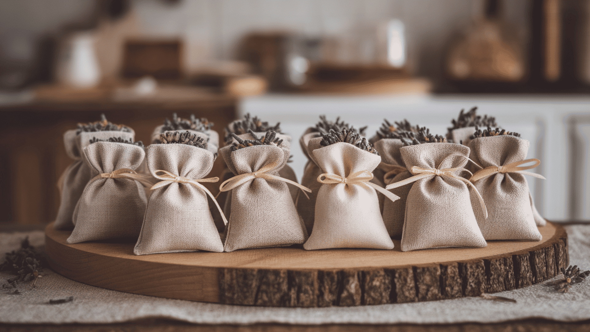 small linen sachets filled with dried lavender tied with cream ribbon arranged on a round wooden slice
