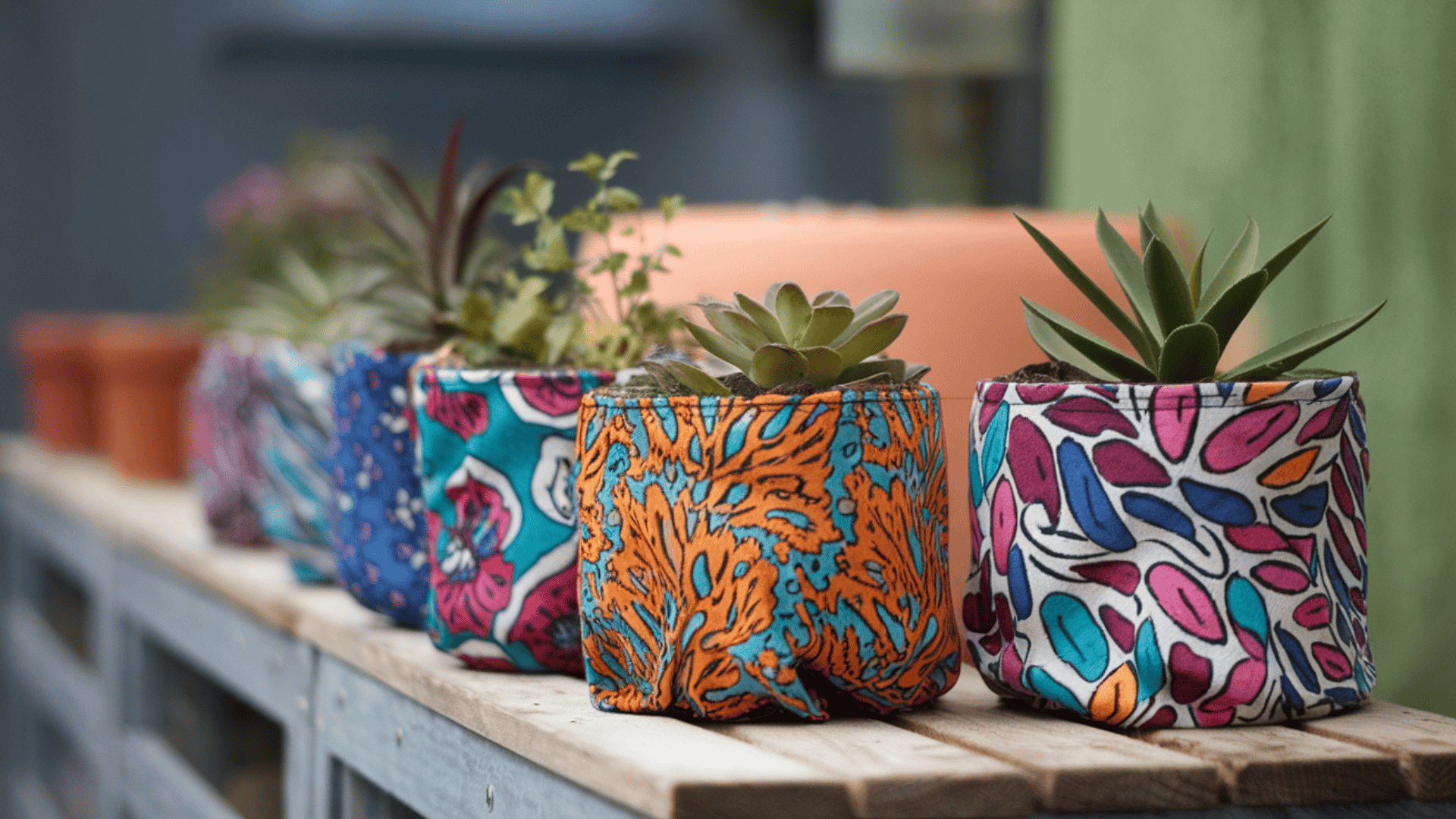small succulents planted in colorful patterned fabric covered pots lined up on a weathered wooden shelf