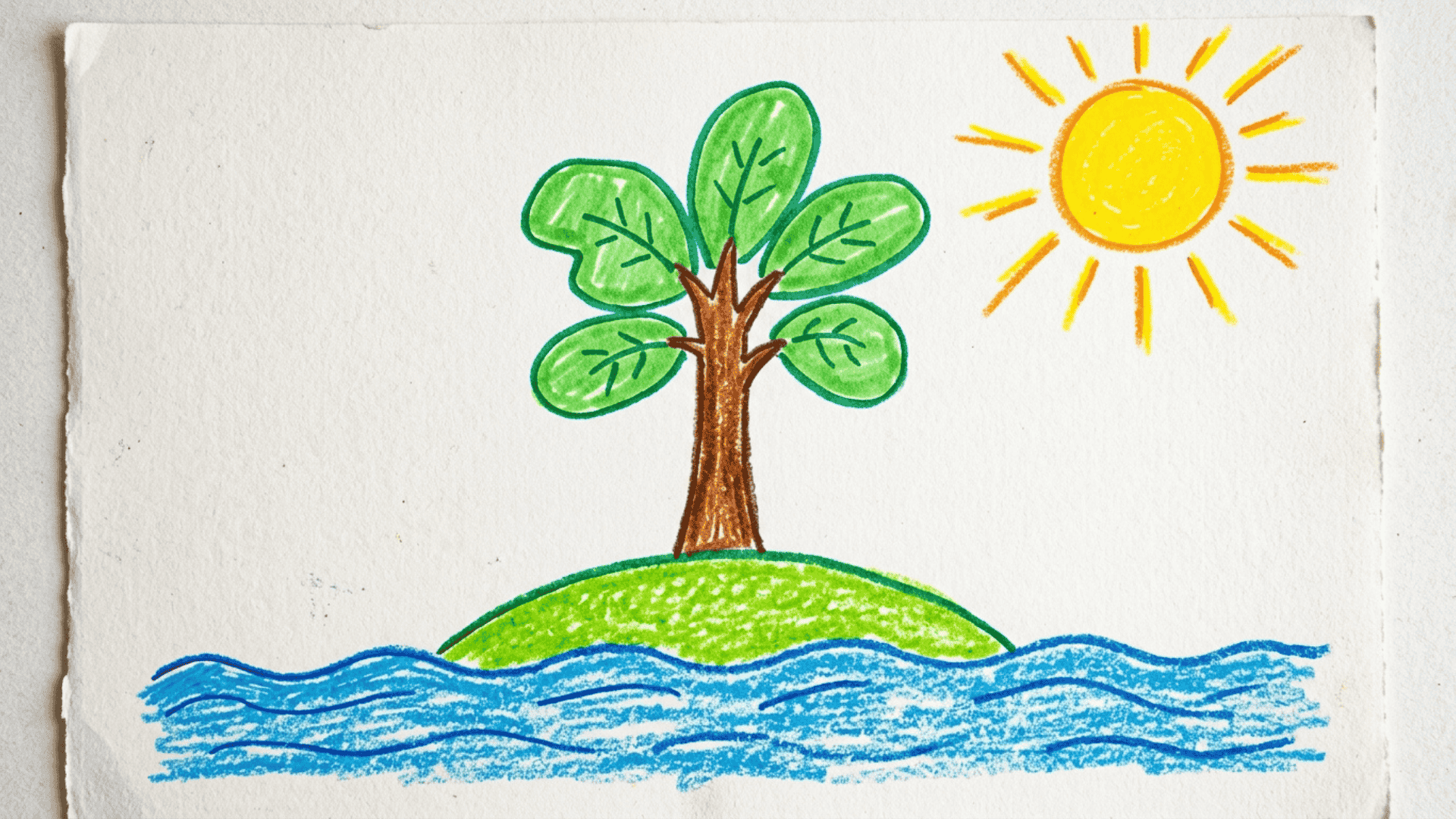 small tropical island kids drawing with curved green landmass tall leafy tree and bold yellow sun painted on a white canvas for beginners