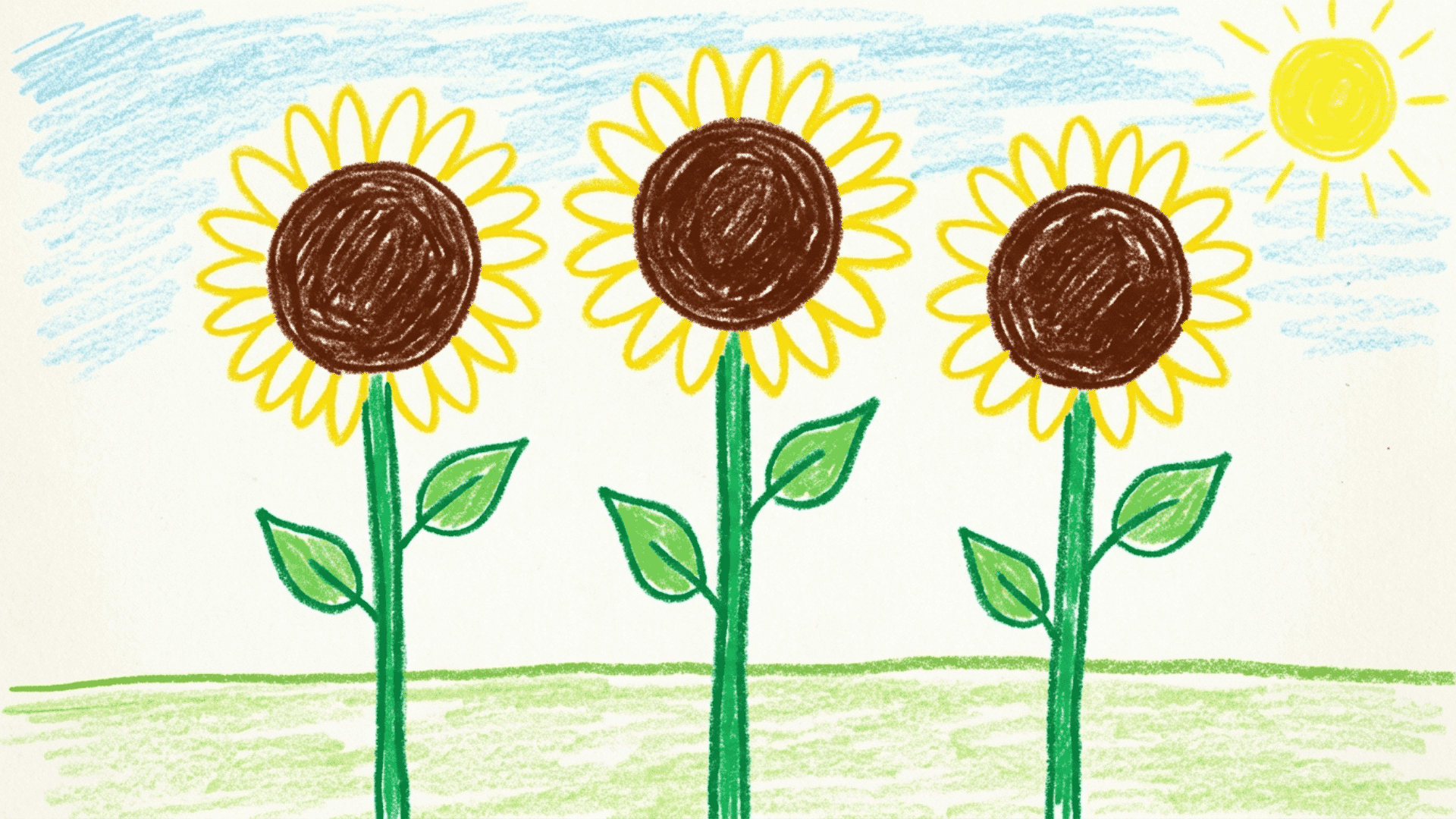 sunflower field kids drawing with tall stems bright yellow petals bold dark centers and flat horizon painted on a white canvas for beginners