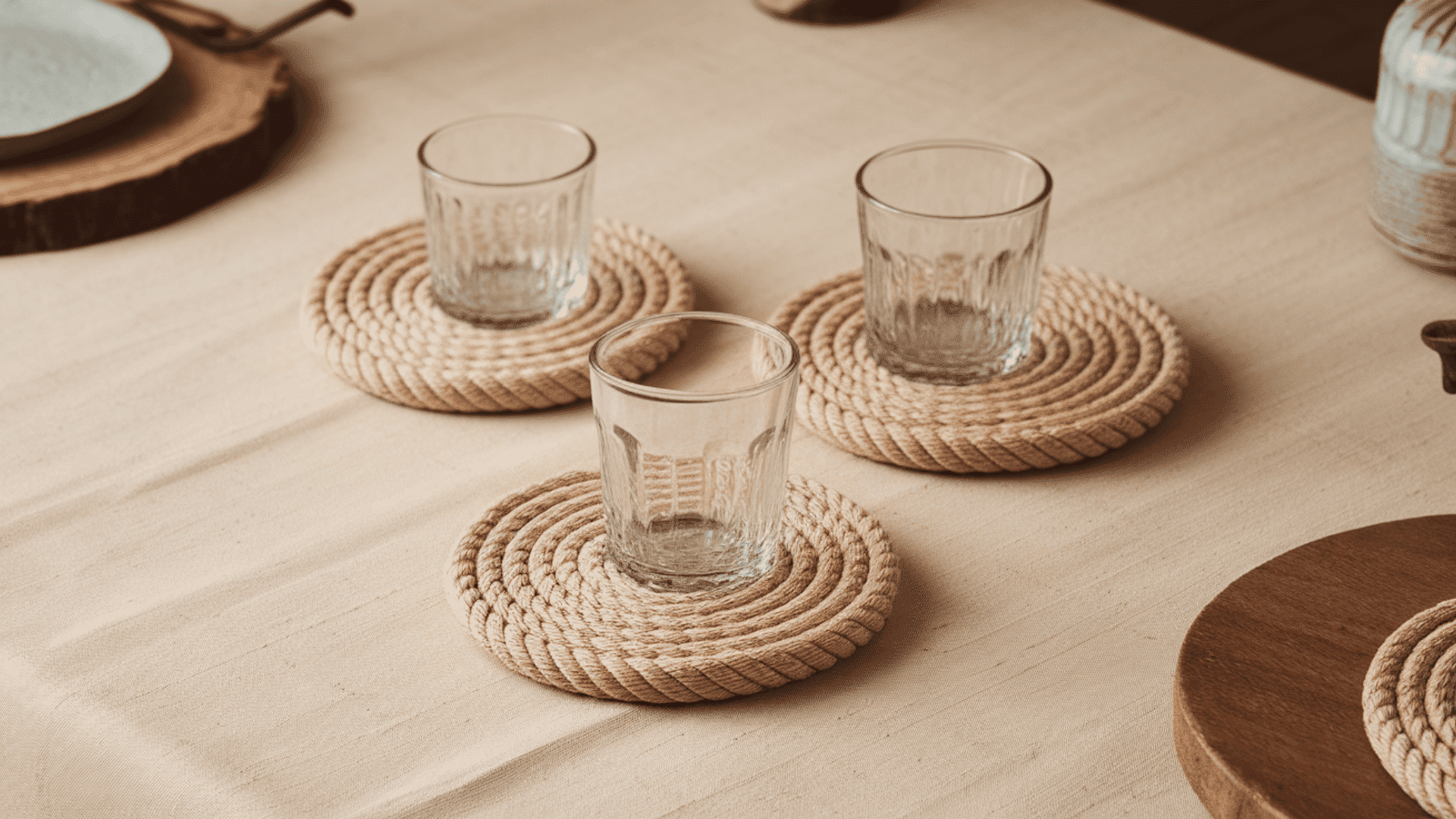 three clear glass tumblers placed on handmade round braided rope coasters on a beige linen tablecloth