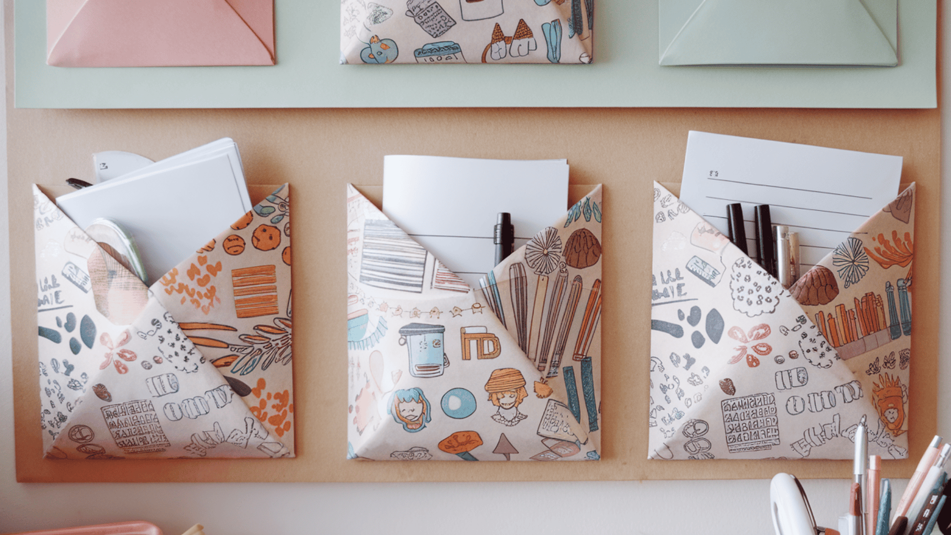three decorative paper envelope wall pockets holding stationery and pens pinned to a light brown board