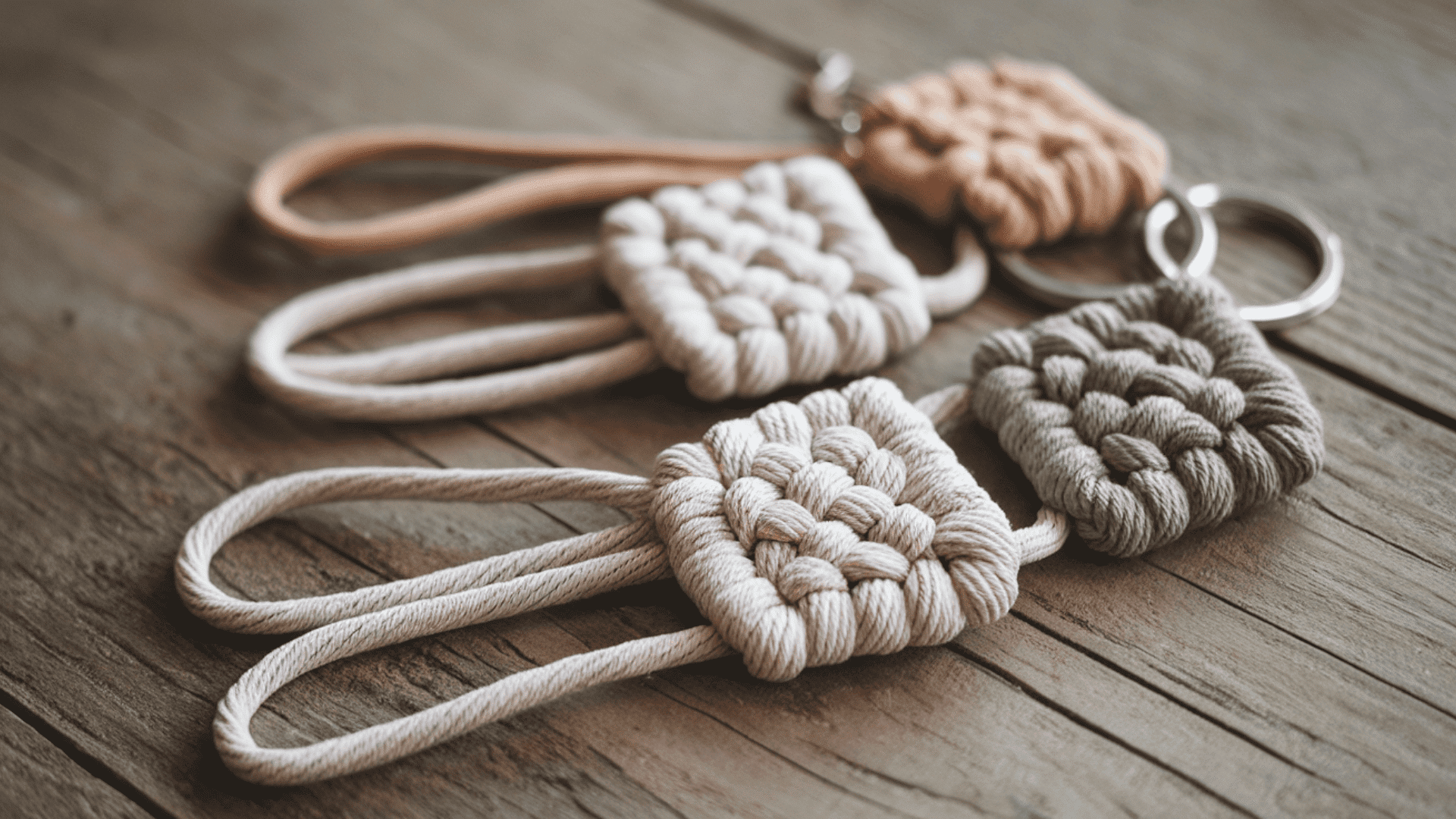 three handmade macrame keychains with knotted square designs in neutral tones on a rustic wooden surface